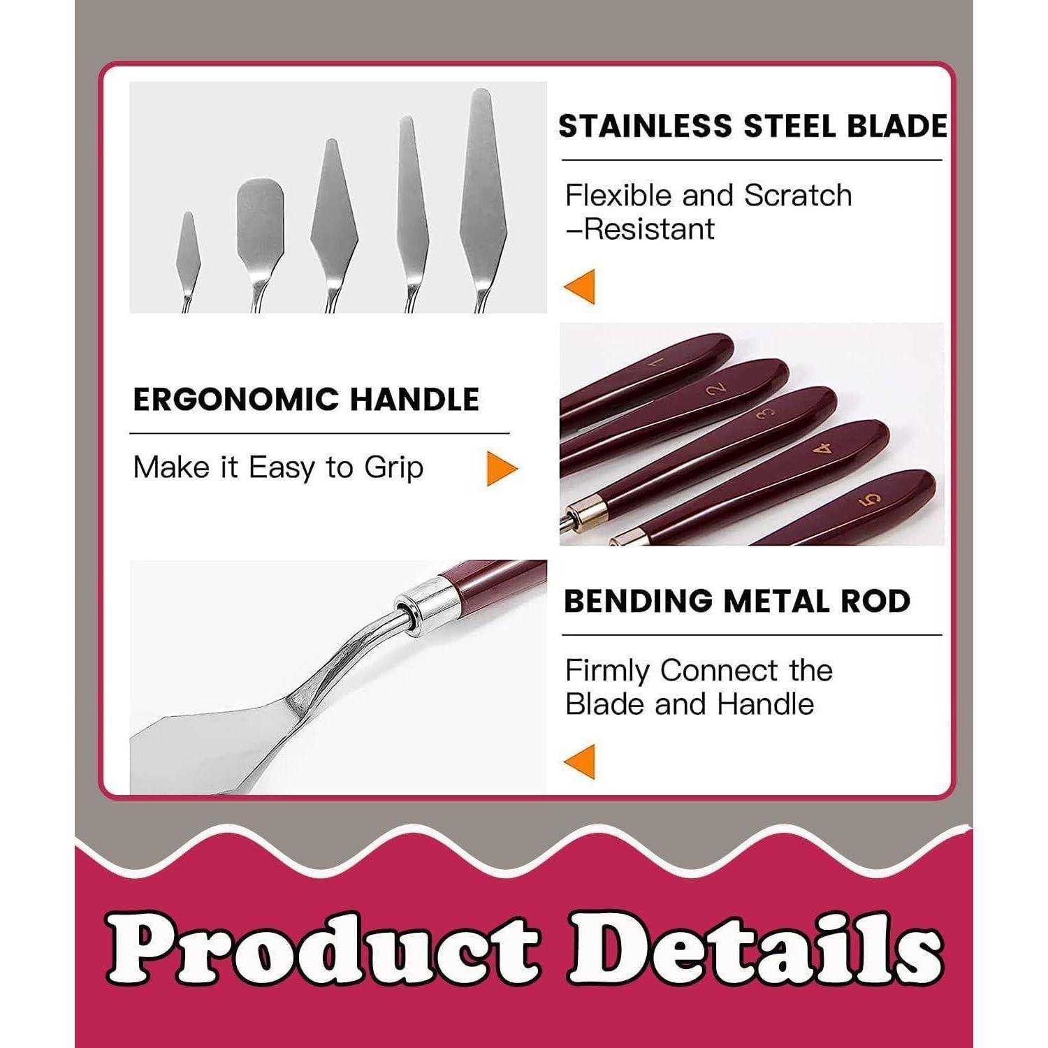 Produktdetails: Zu den Merkmalen der Malmesser gehören eine 'flexible und kratzfeste Klinge aus rostfreiem Stahl', ein 'ergonomischer Griff' für einen leichten Halt und eine 'gebogene Metalldrahtstange' für eine feste Verbindung zwischen Klinge und Griff.