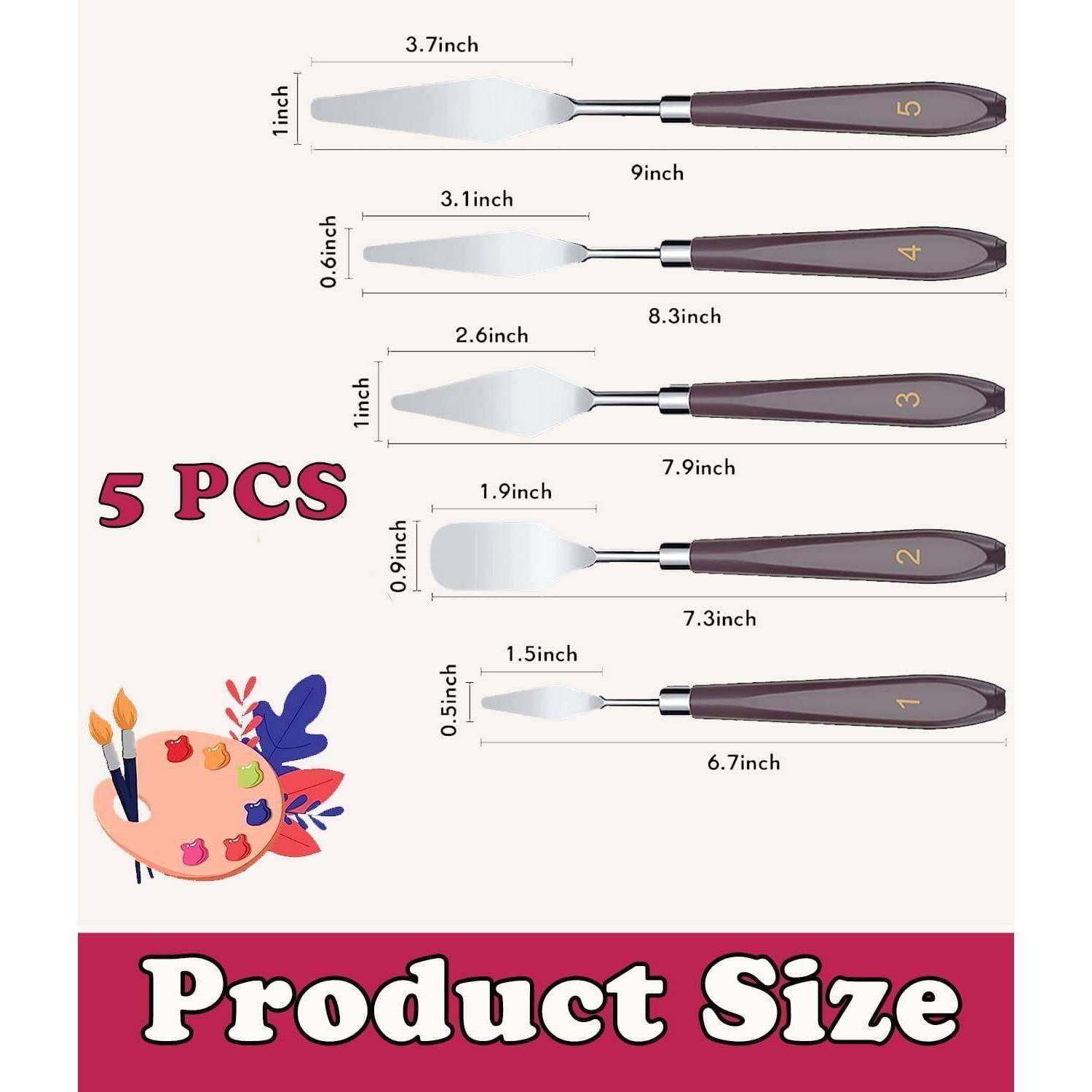 5 Stück Produktgröße' Bild mit fünf Palettenmessern und Messungen in Zoll: 3,7, 9,1; 0,6, 9,1; 1,1, 9,9; 1,9, 7,9; 0,5, 6,7.