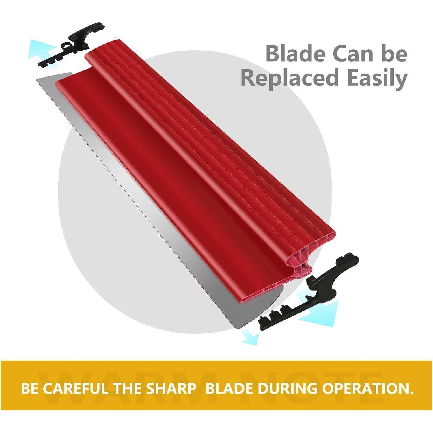 Roter Abzieher mit leicht austauschbarer Klinge, präsentiert vor einem kreisförmigen Hintergrund. Warnhinweis: 'SEIEN SIE VORSICHTIG MIT DER SCHARFEN KLINGE WÄHREND DES BETRIEBS.