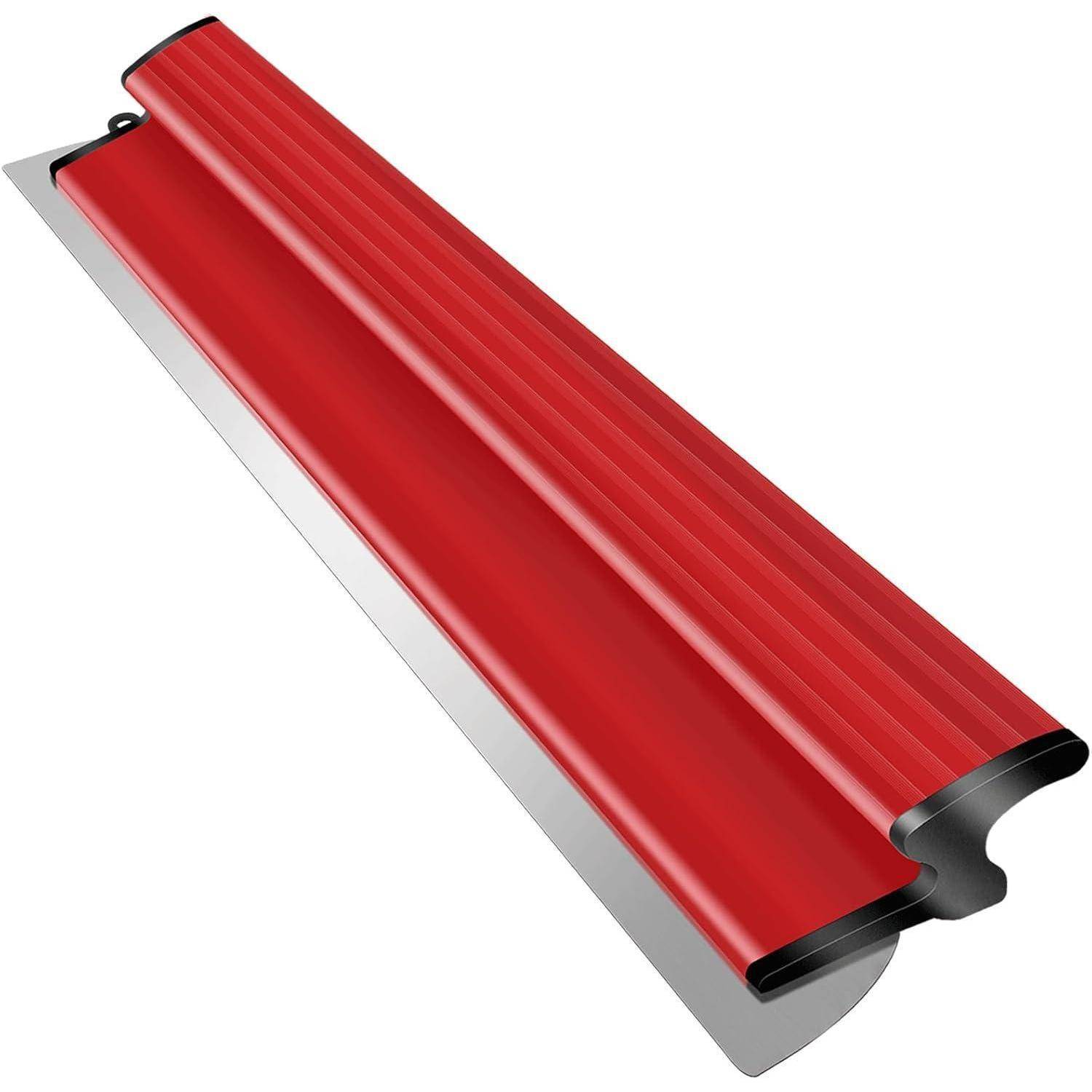 Ein roter Abzieher mit einem gerillten Griff und einer flachen, silbernen Klinge, konzipiert zum Glätten oder Reinigen von Oberflächen.