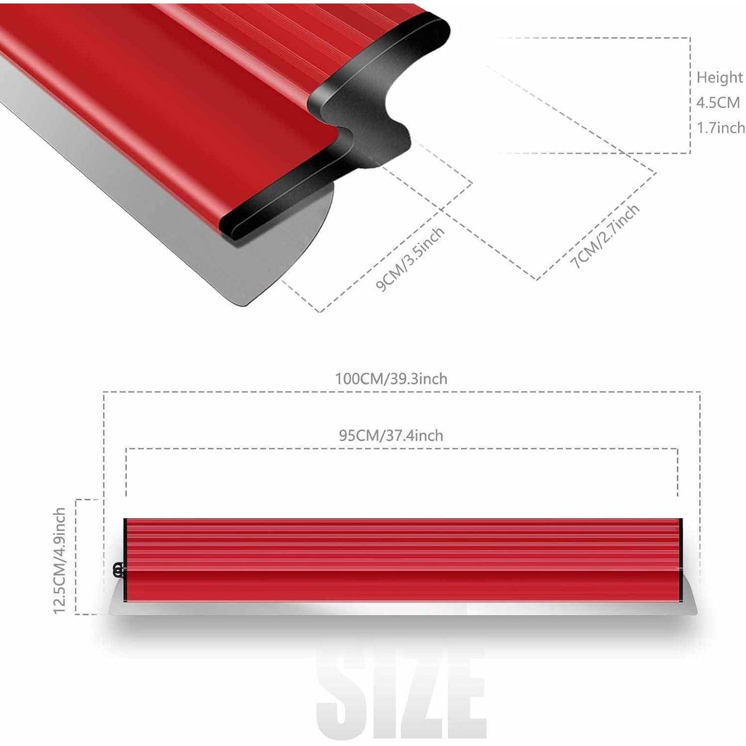 Rotes und schwarzes Fase-Werkzeug mit Spezifikationen: Höhe 4,5 cm, Breite 9 cm, Länge 95 cm. Verwendet für präzise Messungen oder Schnitte.