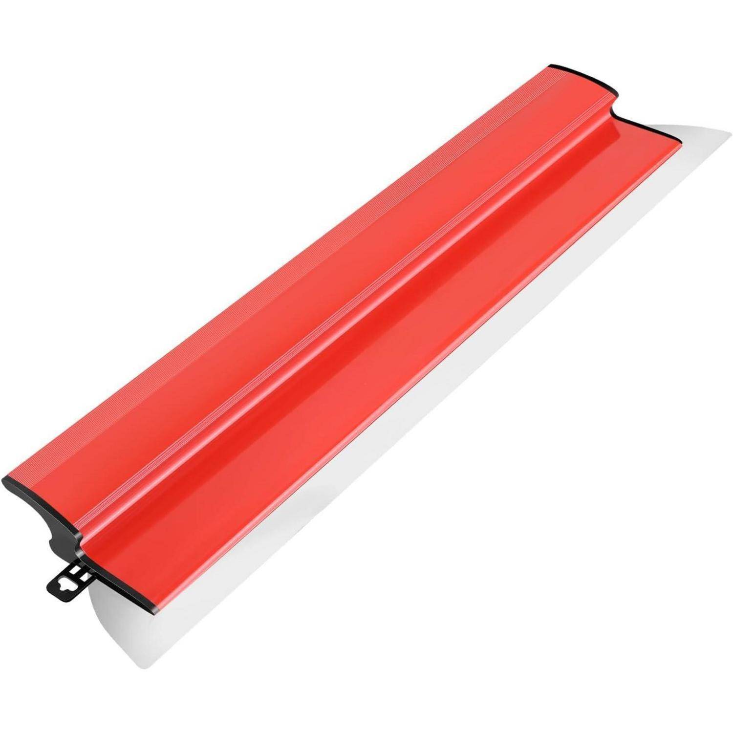 Ein roter Abzieher mit einer flachen weißen Klinge und einem schwarzen Griffansatz, verwendet zum Glätten von Vinyl oder zum Reinigen von Oberflächen.