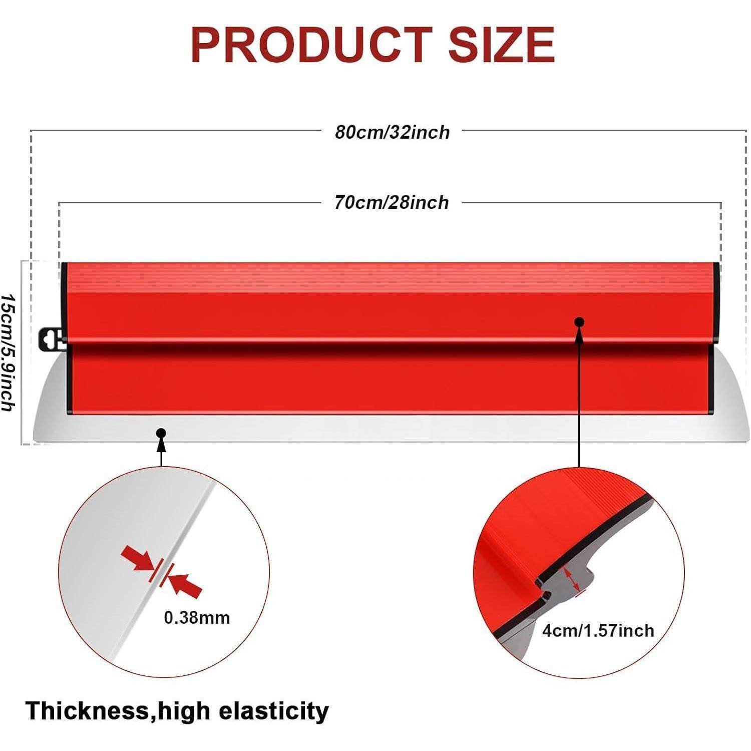Das Diagramm 'PRODUKTGRÖSSE' zeigt ein rotes Produkt, 80 cm/32 Zoll lang und 15 cm/5,9 Zoll hoch. Eingefügte Kreise geben Details zur Dicke von 0,38 mm und 4 cm/1,57 Zoll in einem Abschnitt an.