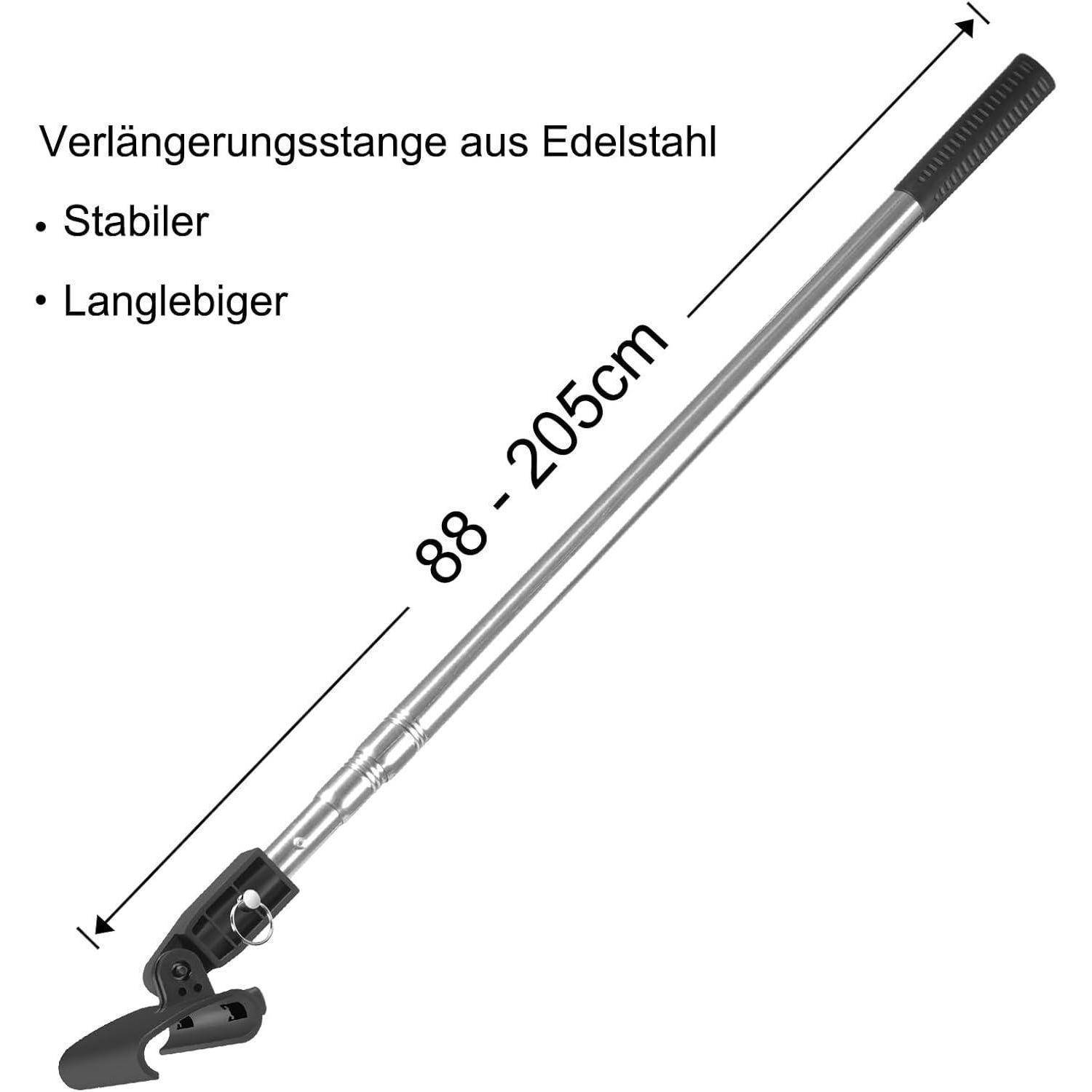 Edelstahl-Teleskopstange mit verstellbarer Länge von 88-205 cm, mit schwarzem Griff ausgestattet, als 'robust' und 'langlebig' vermarktet.