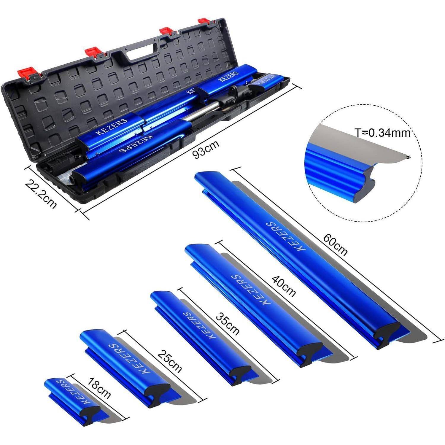 Eine schwarze Tragetasche mit roten Verschlüssen enthält fünf blaue Ausbeulwerkzeuge für Autolacken, die mit ihren Längen beschriftet sind: 93 cm, 60 cm, 40 cm, 35 cm und 25 cm.