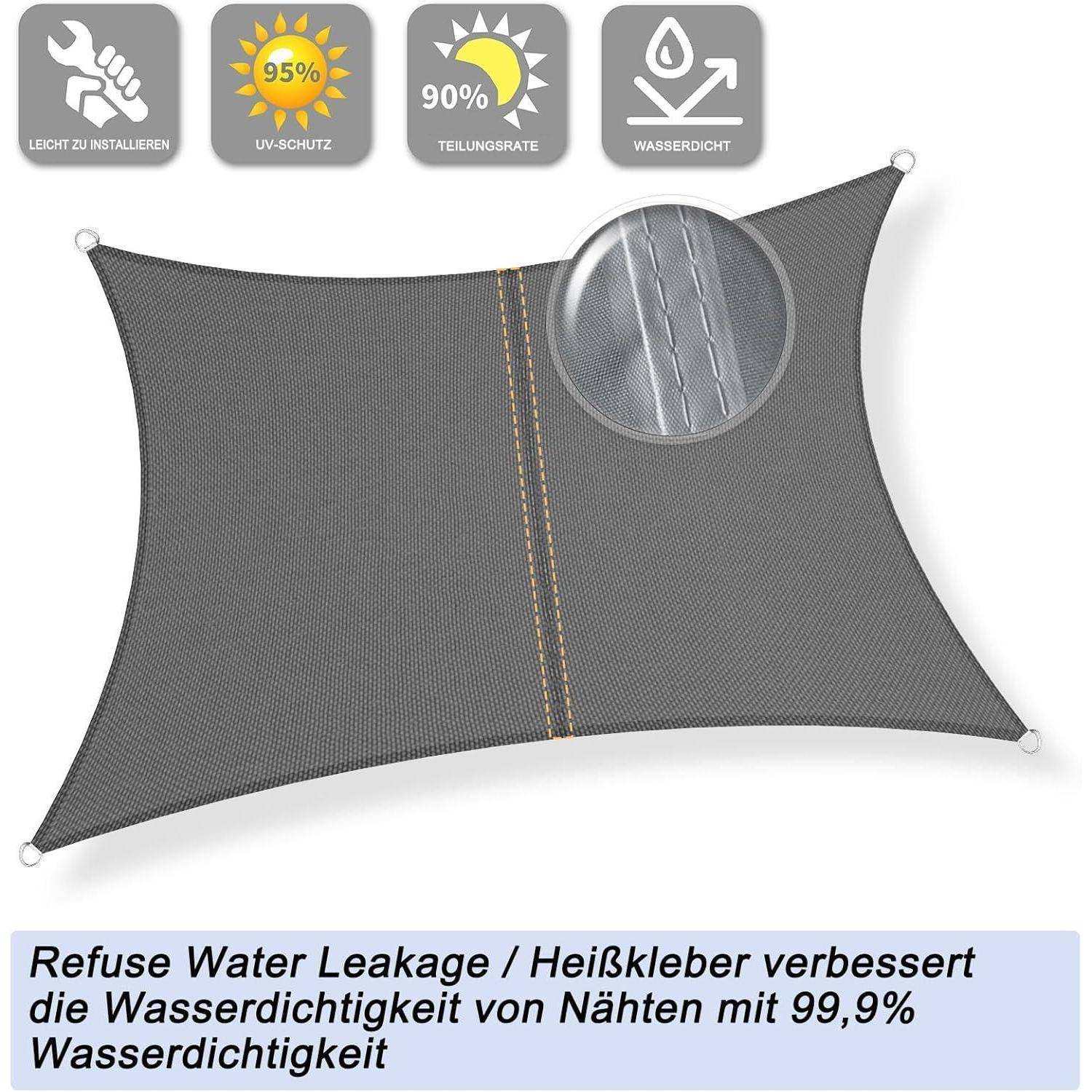 Mesh-Sonnensegel mit Symbolen: einfache Installation, UV-Schutz, wasserdicht. Verstärkung der Nähte mit Klebstoff, der die Wasserbeständigkeit um 99,9% verbessert.