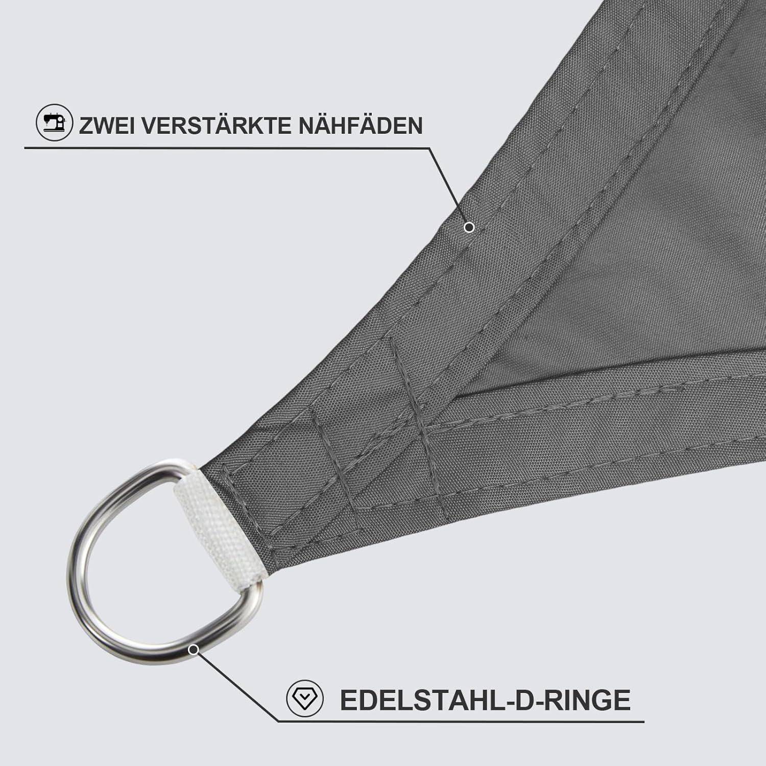 Graue Ecke aus Stoff mit verstärkten Nähten; mit den Etiketten 'Zwei Verstärkte Nähfäden' und 'Edelstahl-D-Ringe' versehen, ausgestattet mit einem Edelstahl-D-Ring.