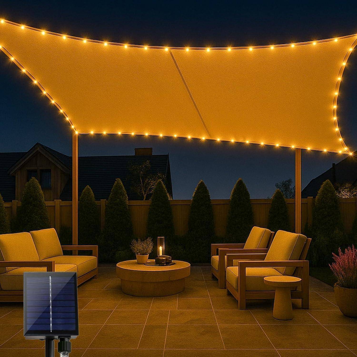 Überdachte Terrasse bei Nacht mit beleuchtetem Vordach und gemütlicher Sitzecke, im Vordergrund ein sichtbares Solarpanel.