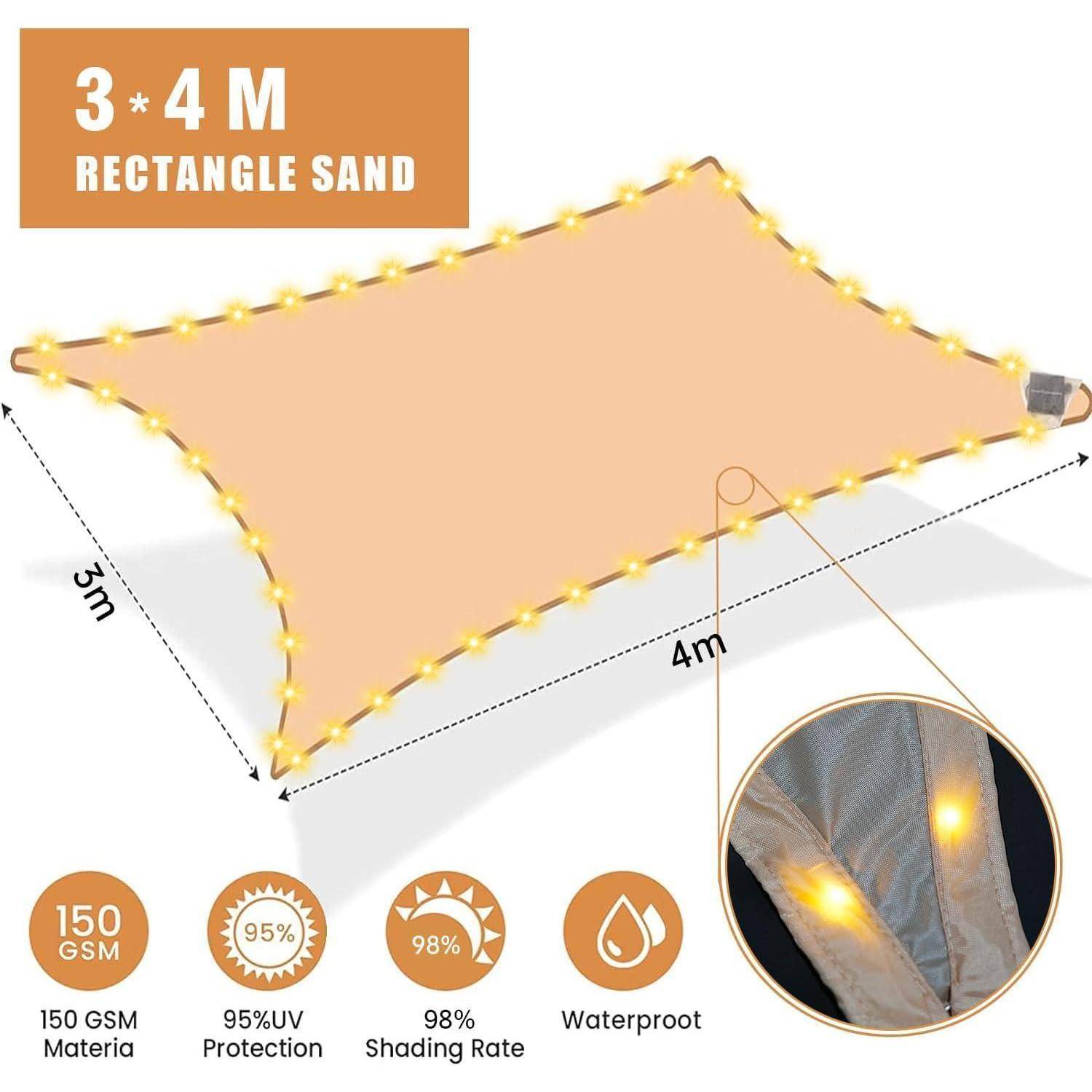 Rechteckige Sandfarben-Markise 3x4 m, 150 GSM Material, 95% UV-Schutz, 98% Beschattungsrate, wasserdicht; mit Beleuchtungsdetail dargestellt.