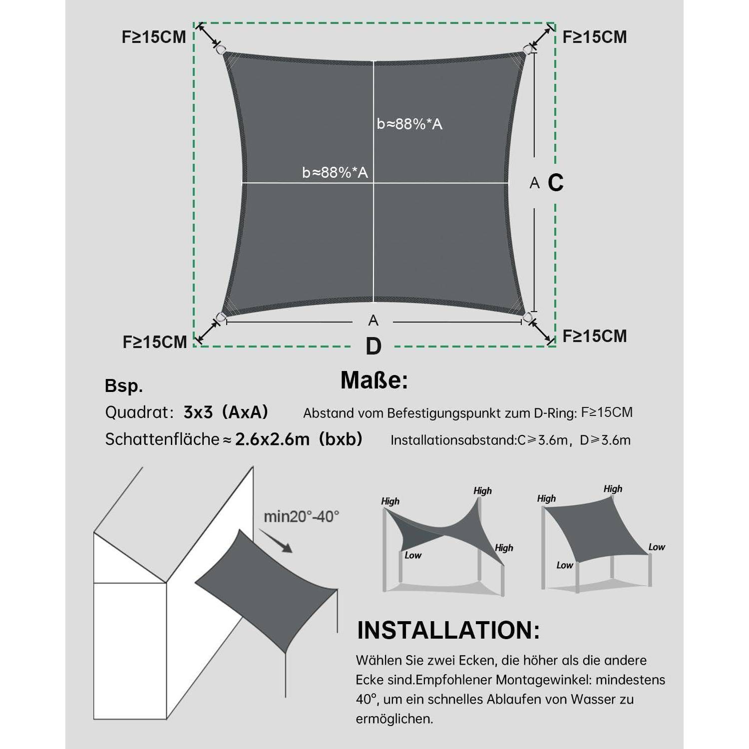 Diagramm eines quadratischen Sonnensegels mit Maßangaben: 215 cm an jeder Seite, beschriftet mit 'b=88%*A' und Abstandsführungen. Installationshinweise inbegriffen.