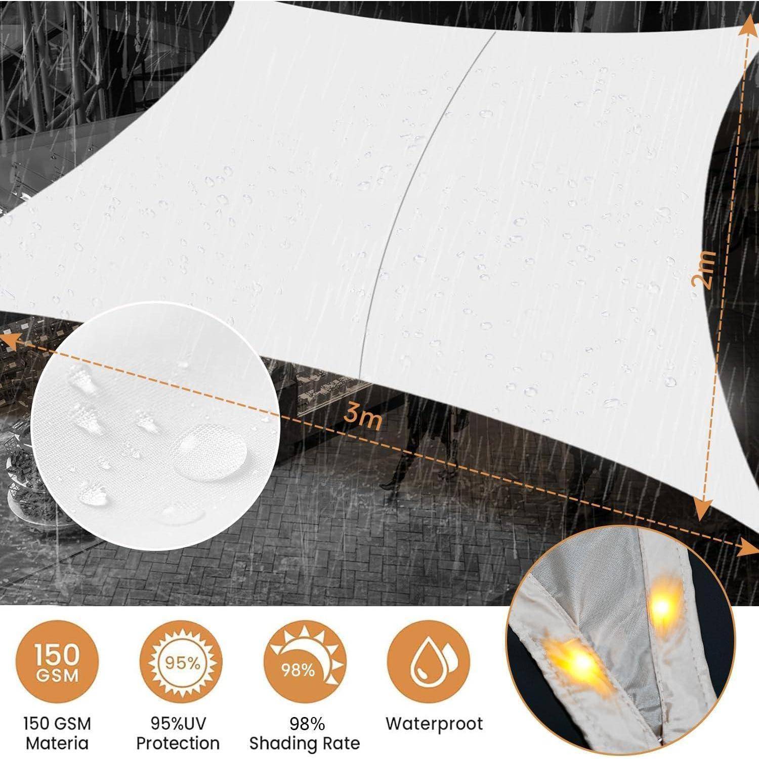 Sonnensegel 2x3m wasserdicht LED Lichterkette UV Wasserdich2x3 Weiß