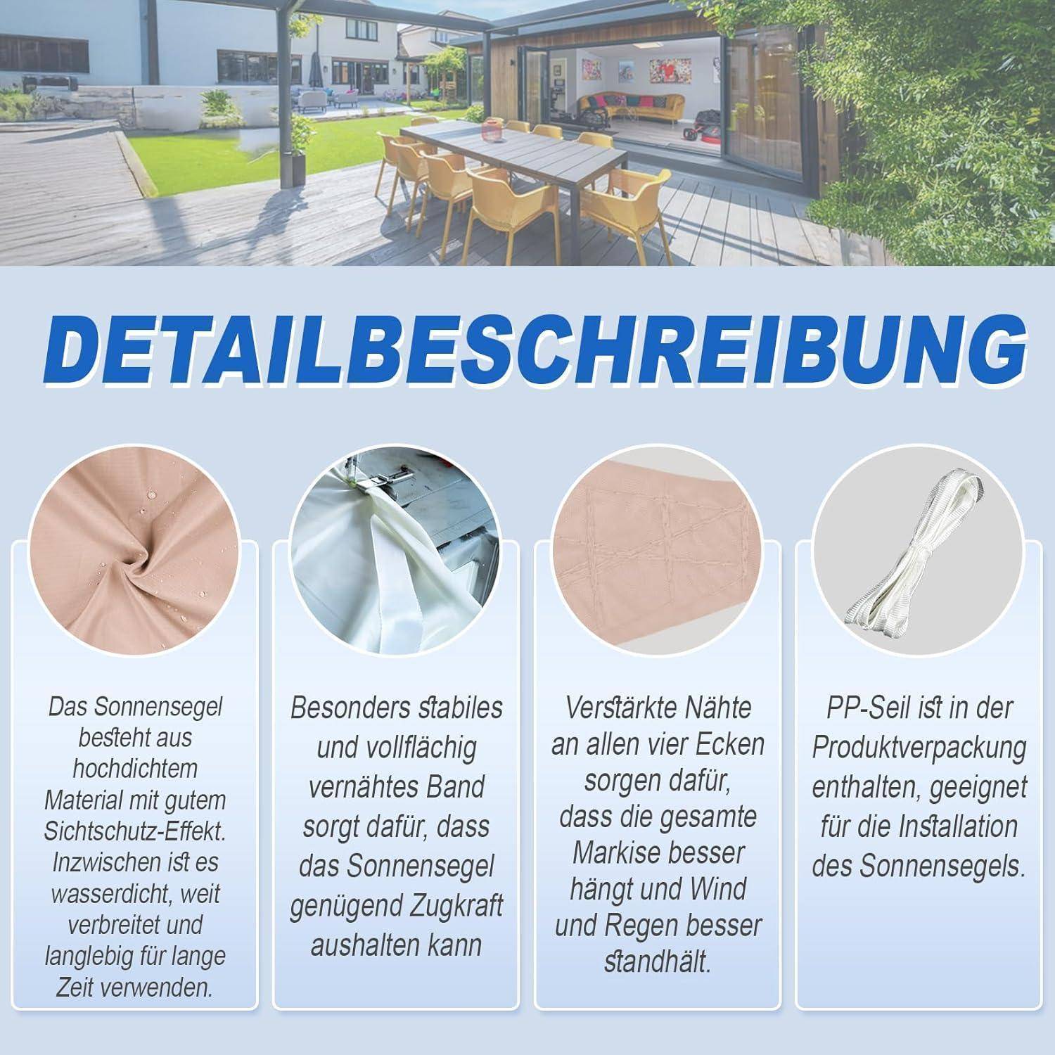 Sonnensegel 4x5m rechteckig wasserdicht 95 UV Schutz taupe 4x5 Taupe