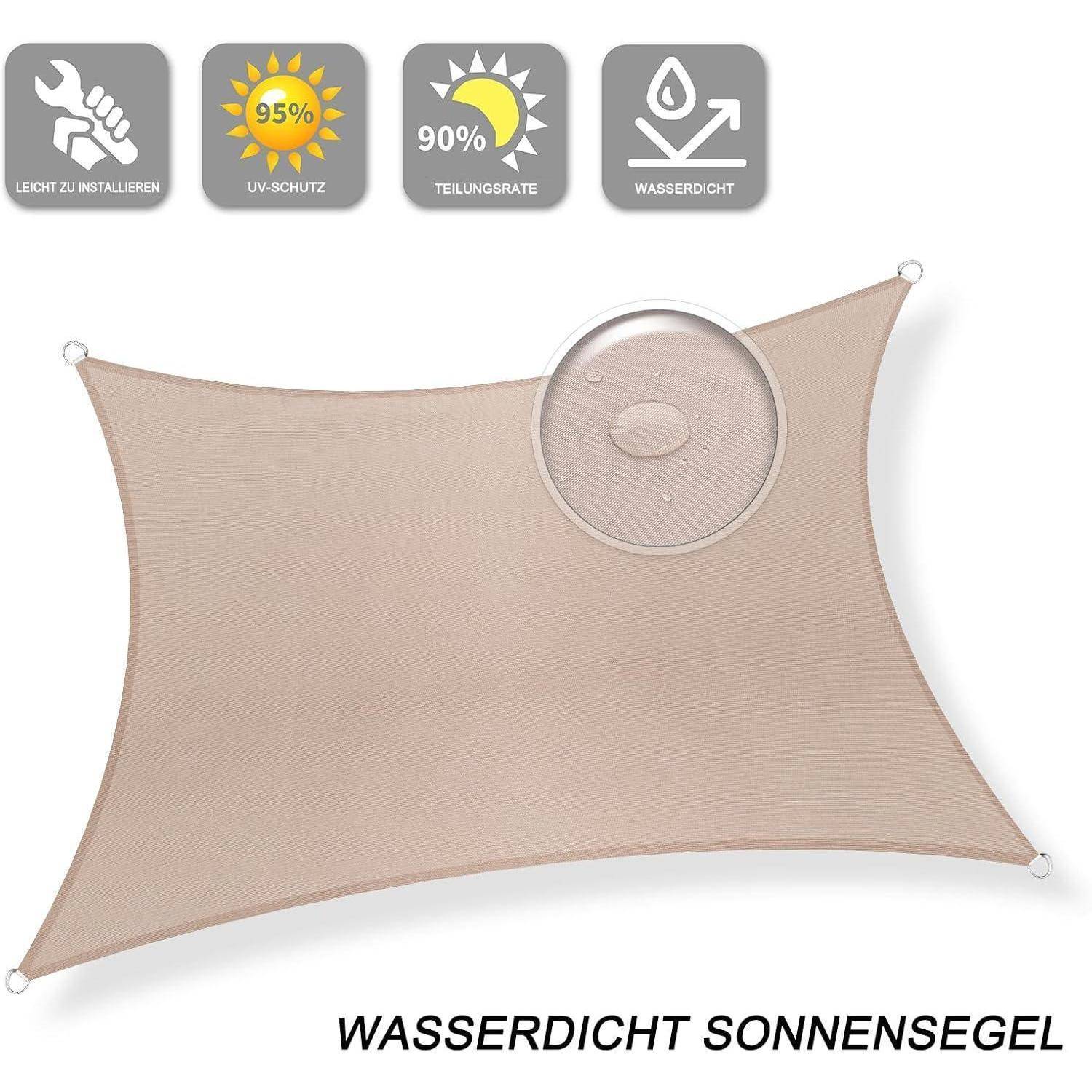 Ein beige dreiecksförmiges Sonnensegel mit der Beschriftung 'WASSERDICHT SONNENSEGEL'. Symbole zeigen 'leicht zu installieren', 'UV-Schutz', '90% Teilungsrate', 'Wasserdicht'.