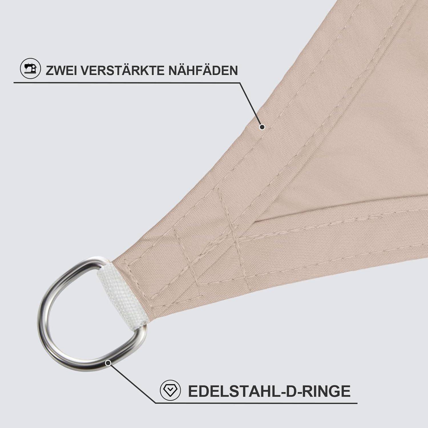 Detailaufnahme einer beigen Leinwecke mit verstärkten Nähten und einem angebrachten Edelstahl-D-Ring. Text hebt hervor 'Zwei verstärkte Nähfäden' und 'Edelstahl-D-Ringe'.