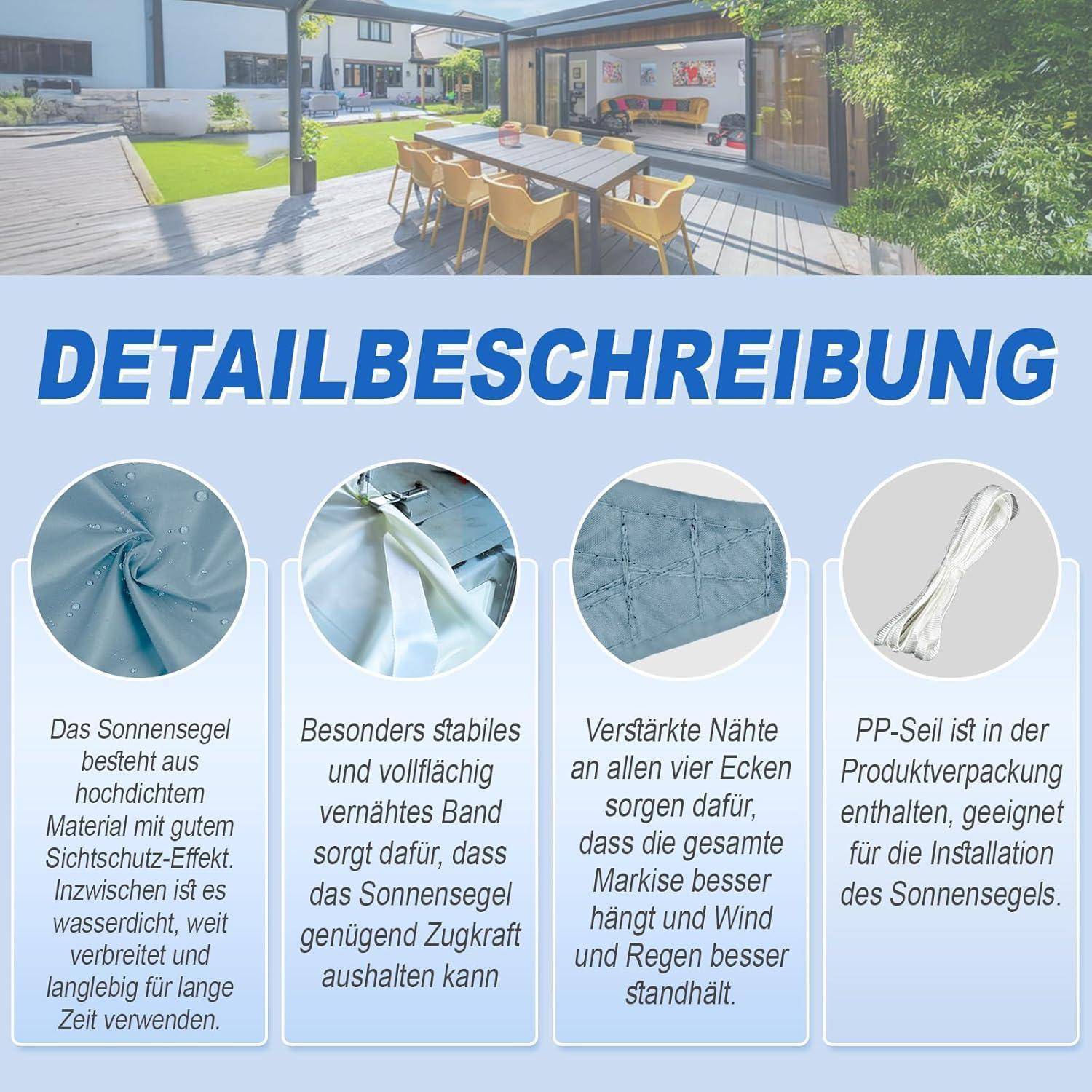 Außenbereich zum Speisen mit Markise und Stühlen. Der Text beschreibt robuste Sonnenschutzmaterialien, widerstandsfähige Nähte, verstärkte Kanten und Installationsseil.