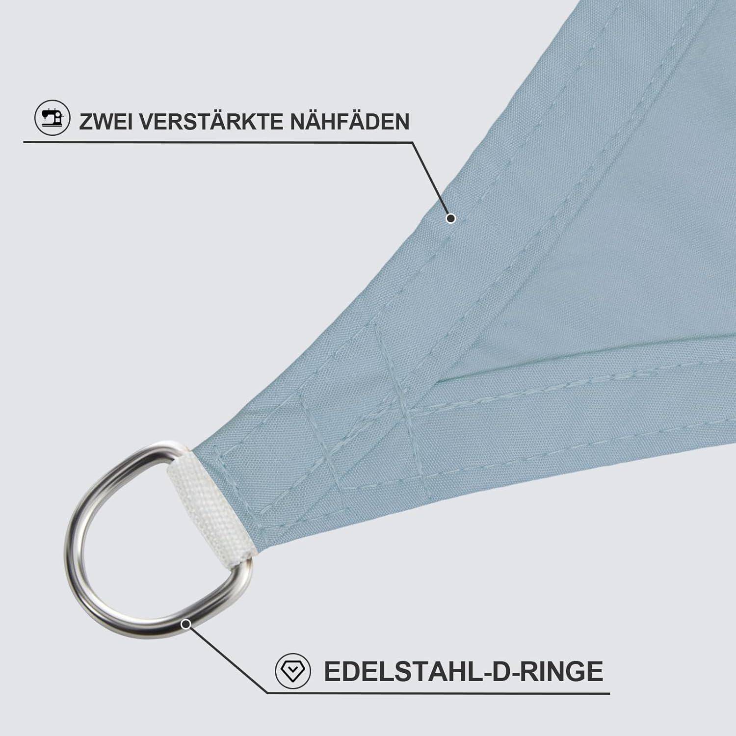 Ecke einer blauen Hängematte mit verstärkter Naht. Etikett zeigt 'Zwei verstärkte Nähfäden' und 'Edelstahl-D-Ringe'.