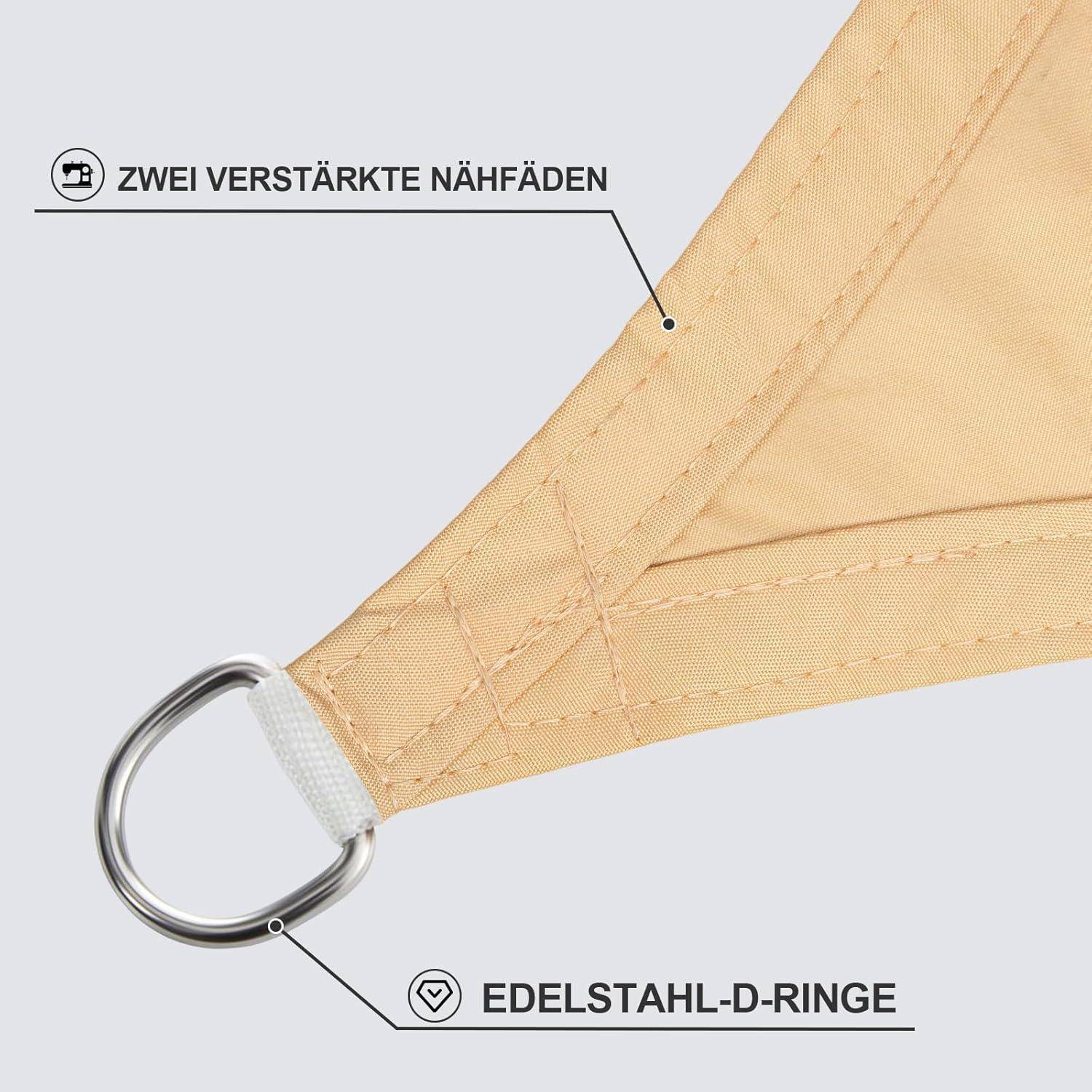 Nahaufnahme einer Textilecke mit verstärktem Saum und einem Edelstahl-D-Ring, beschriftet mit 'ZWEI VERSTÄRKTE NÄHFÄDEN' und 'EDELSTAHL-D-RINGE'.