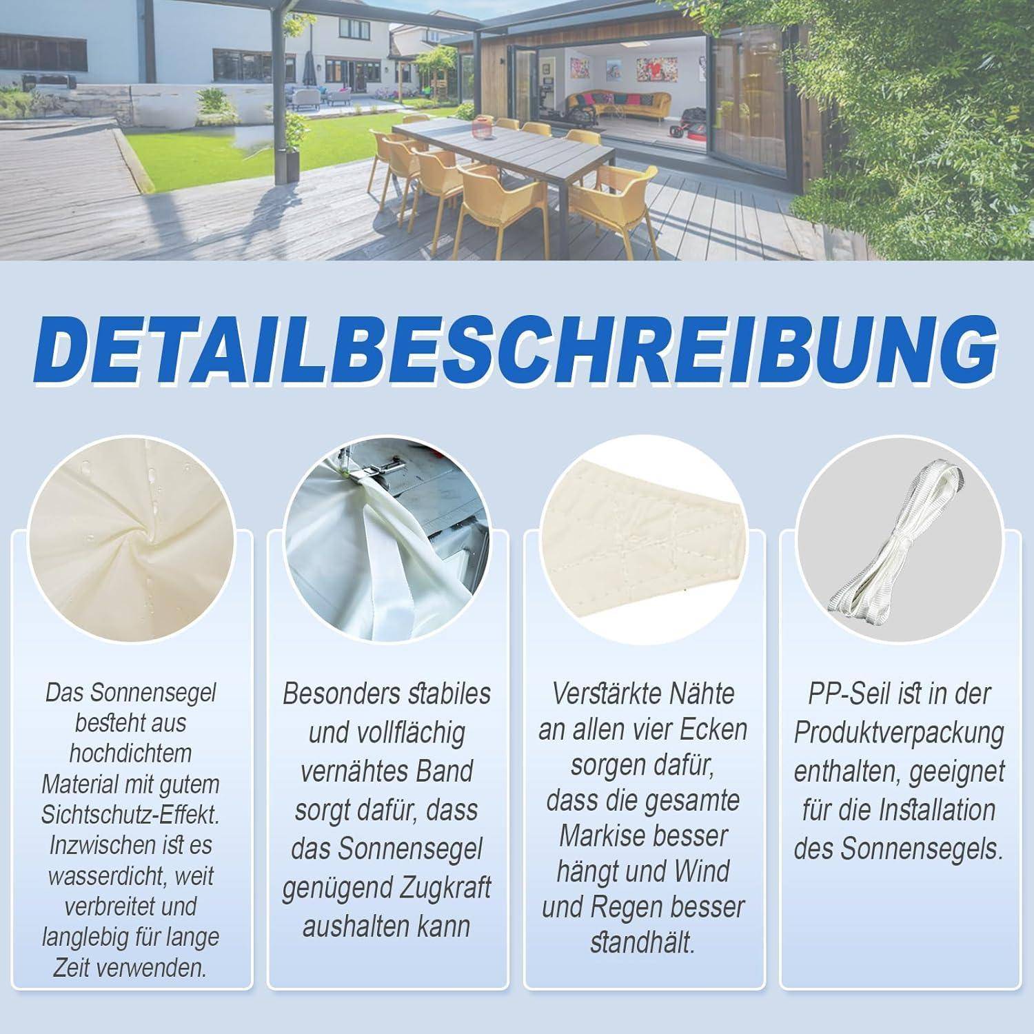 Eine Terrasse im Freien mit einem Tisch und Stühlen unter einer Pergola. Nachfolgend werden vier Merkmale eines Sonnensegels beschrieben: hochwertiges Material für Privatsphäre, robustes Band zur Spannung, verstärkte Ecken für Stabilität und PP-Seil zur Befestigung.