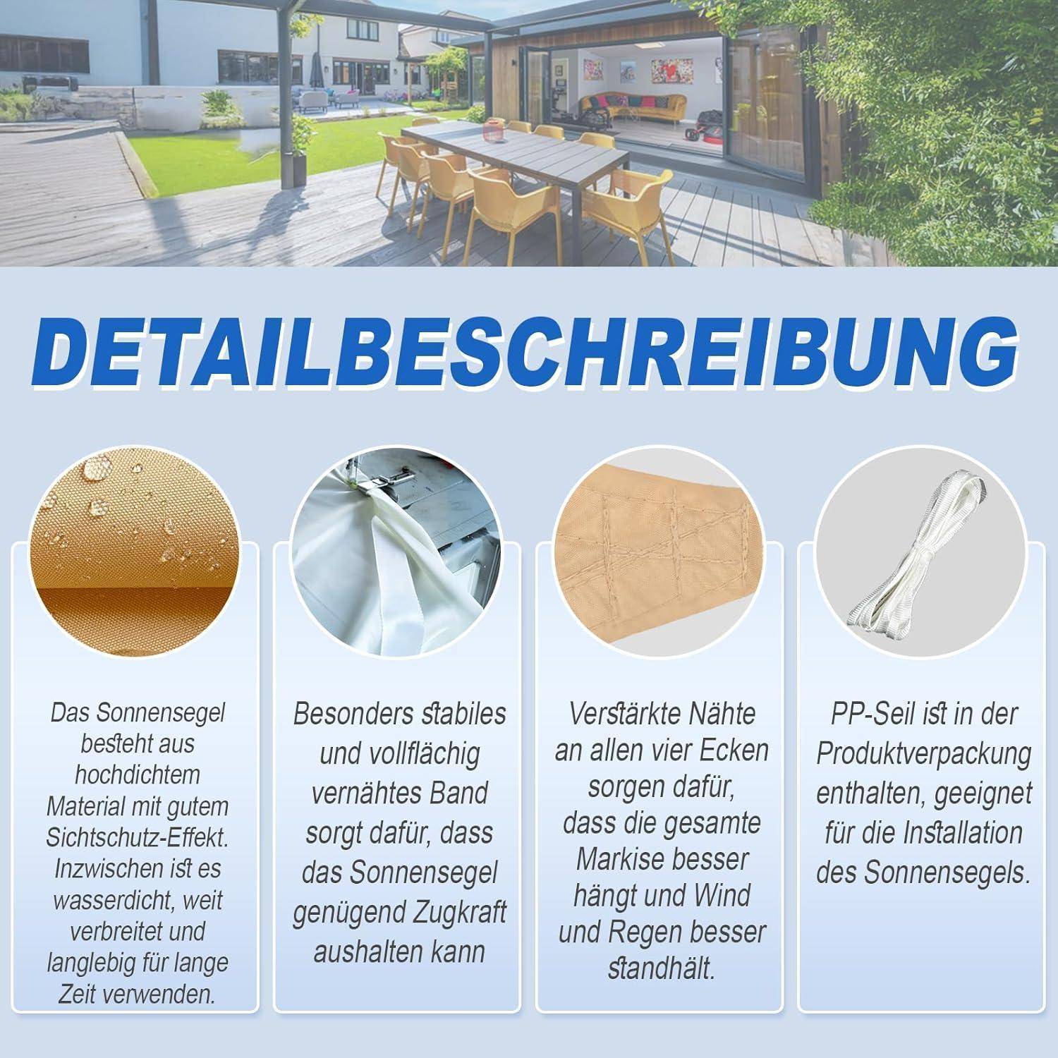 Die Abbildung ist eine informative Grafik, die die Merkmale eines Sonnenschirms detailliert, der zusammen mit einer Terrassenbestuhlung verkauft wird. Sie betont die Materialqualität, haltbare Nähte, verstärkte Ecken und die Mitlieferung eines Seils.