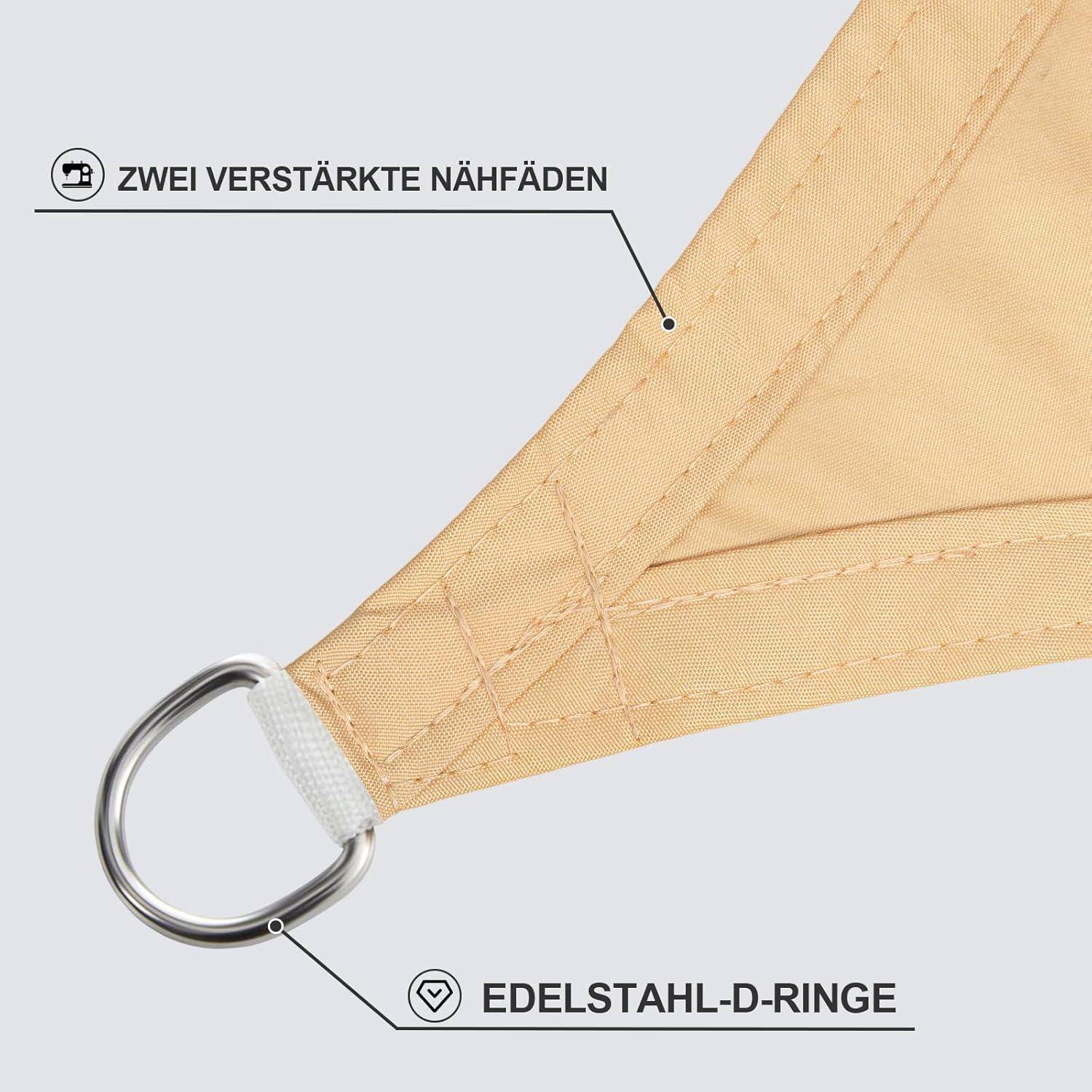 Eine Nahaufnahme einer beigen Stoffecke mit verstärkten Nähten und einem Edelstahl-D-Ring, beschriftet mit ‚Zwei verstärkte Nähfäden' und ‚Edelstahl-D-Ringe'.