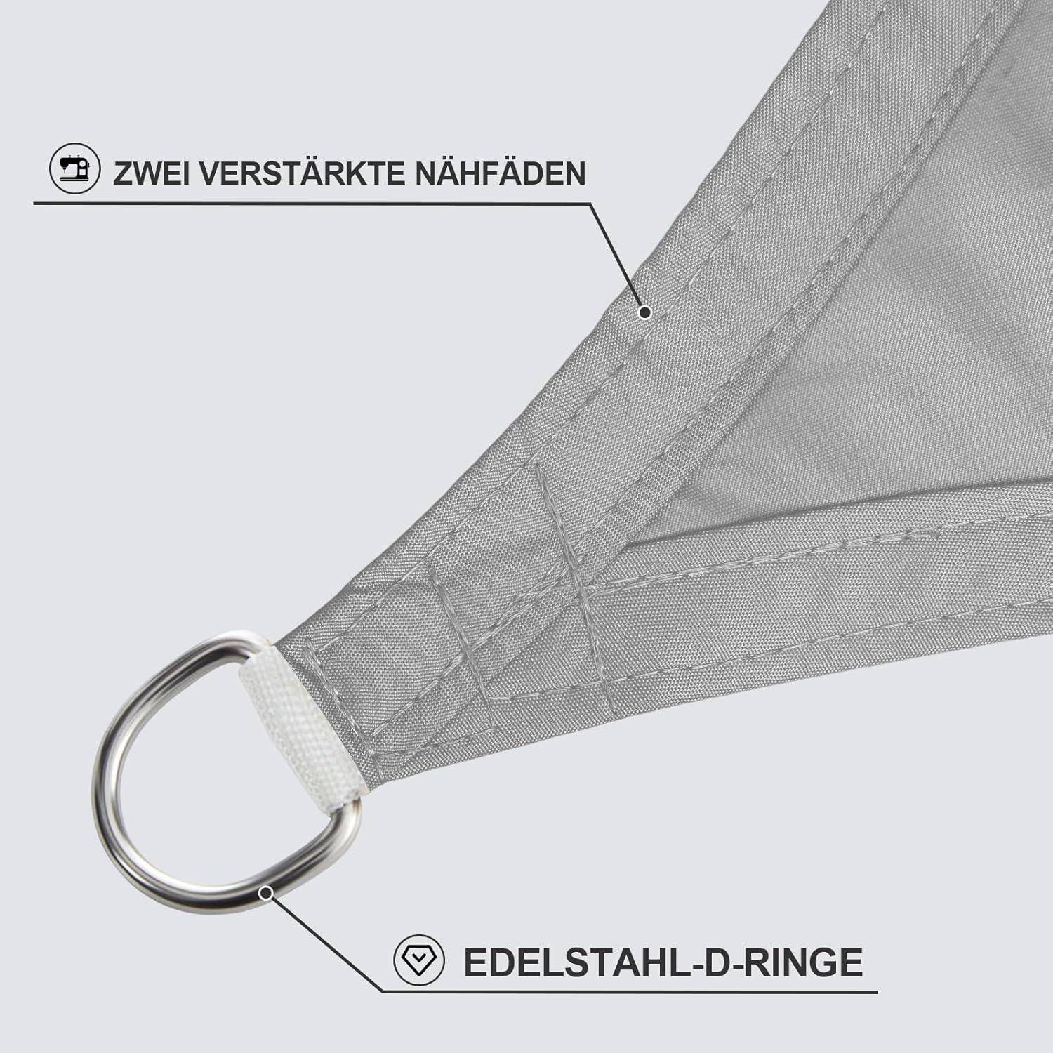 Detailaufnahme einer grauen verstärkten Gewebeecke mit zwei Nähten und einem Edelstahl-D-Ring. Deutscher Text: 'Zwei verstärkte Nähfäden', 'Edelstahl-D-Ringe'.
