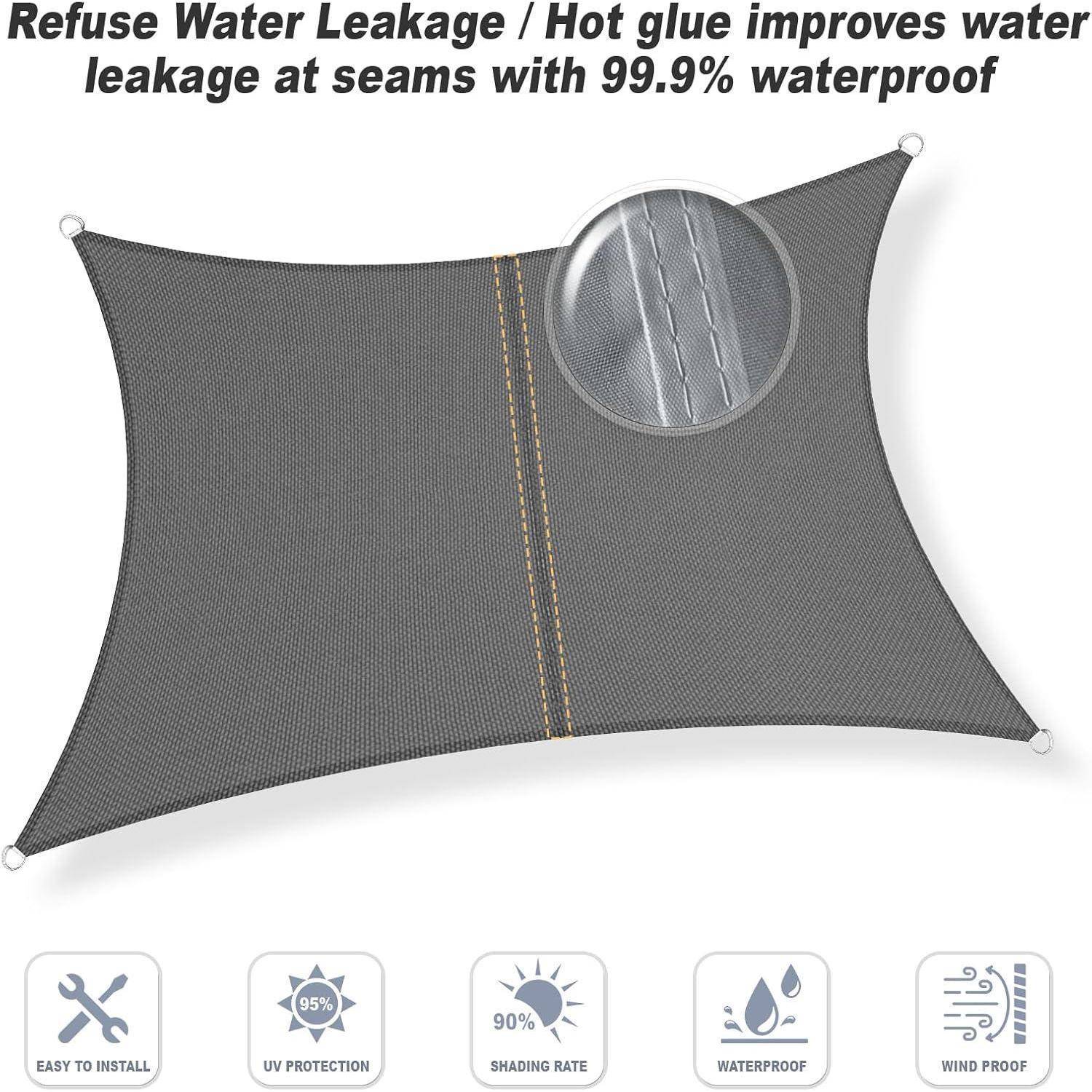 Rechteckiges Sonnensegel mit verstärkten Nähten, gekennzeichnet als wasserdicht und mit UV-Schutz sowie 90% Beschattung. Einfach zu installieren.