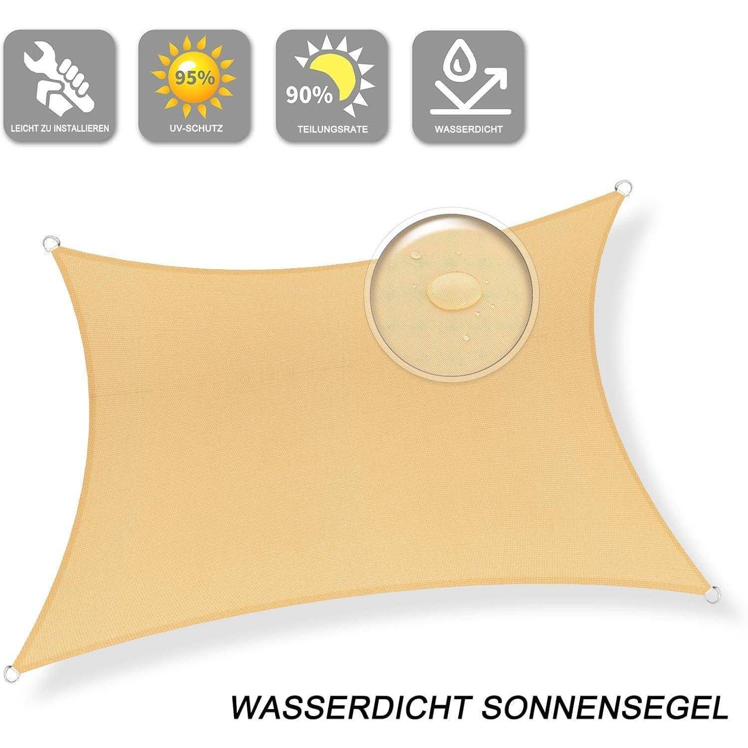 Beiges Sonnensegel mit Text 'Wasserdicht Sonnensegel'. Symbole zeigen einfache Montage, UV-Schutz, 90% Beschattung und Wasserdichtigkeit.