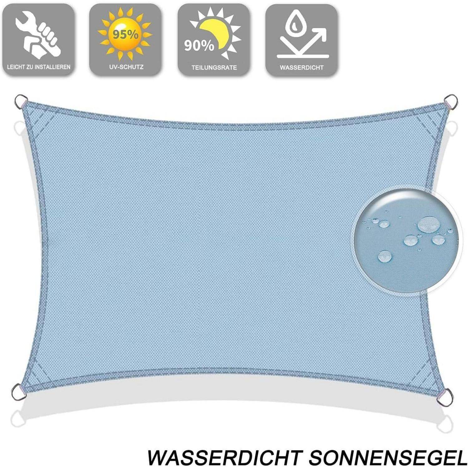Ein blauer wasserdichter Sonnenschirm mit Text oben: 'Leicht zu installieren', 'UV-Schutz 95%', 'Teilungsrate 90%', 'Wasserdicht'.