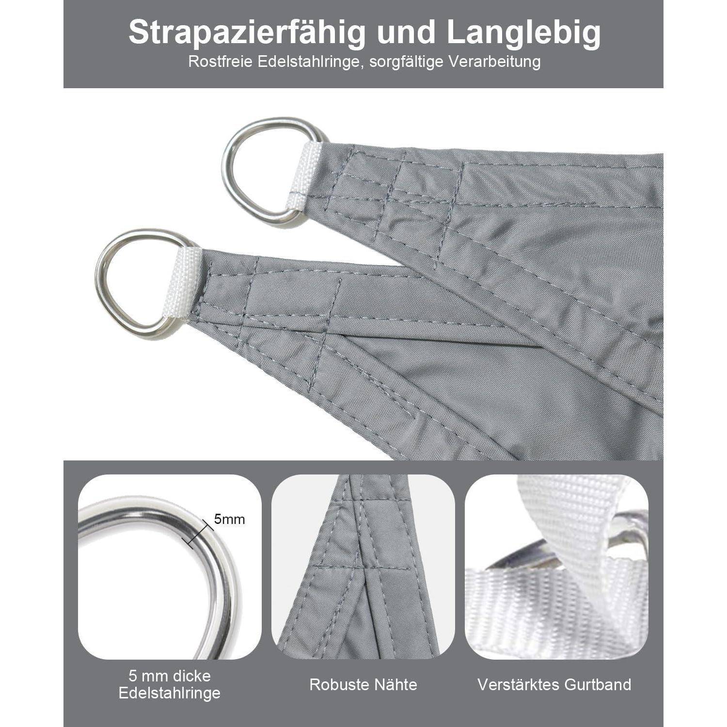 Silberner Segel-Sonnenschutz mit Stahlringen, robuster Naht, strapazierfähigen 5mm dicken Ringen und verstärkten Gurten. Text lautet: Strapazierfähig und Langlebig