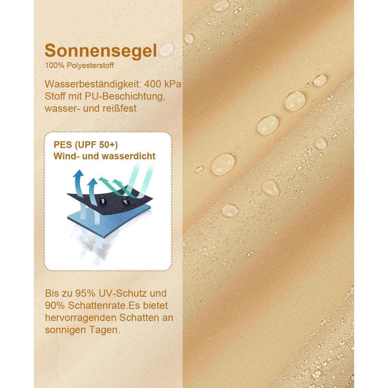 Sonnensegel 100% Polyesterstoff: Wasserbeständigkeit 400 kPa, wind- und wasserdicht, UV-Schutz bis 95%. Schattierung bis 90%.