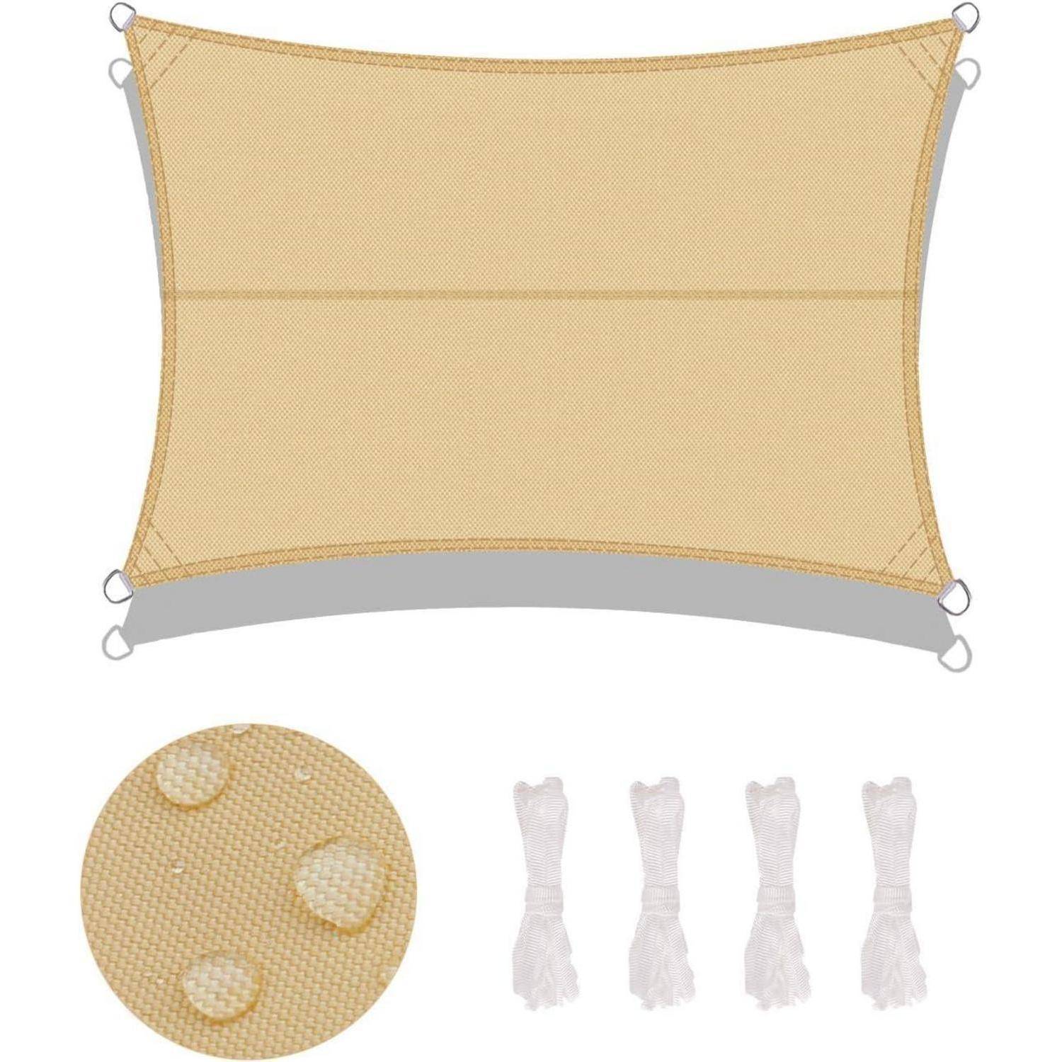 Beige rechteckige Sonnensegel-Plane mit vier Befestigungspunkten, dargestellt mit Regentropfen-Illustration zur Anzeige der Wasserbeständigkeit. Enthält vier Seile zur Installation.
