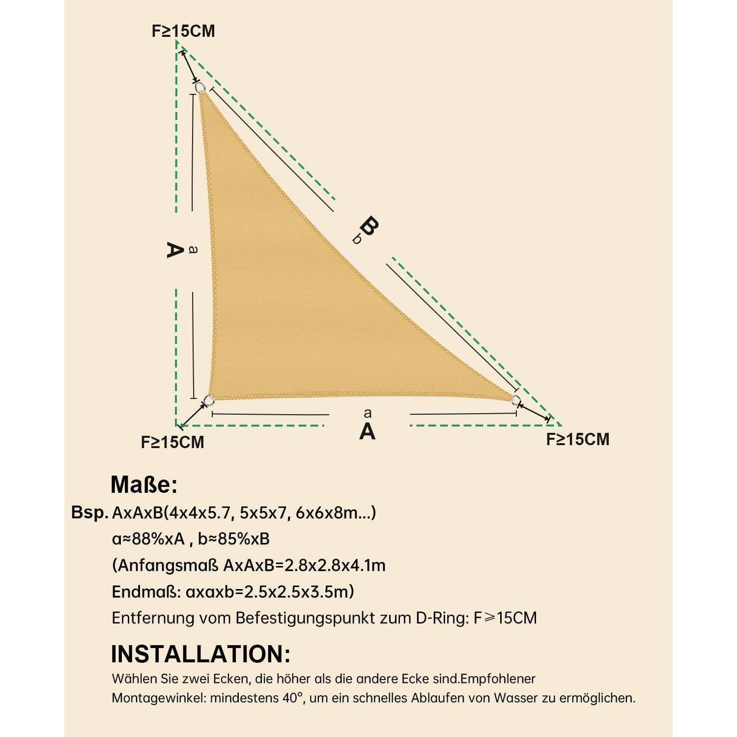 Sonnensegel Dreieckig Wasserdicht Windschutz PES 3x3x4.25m Sandbeige