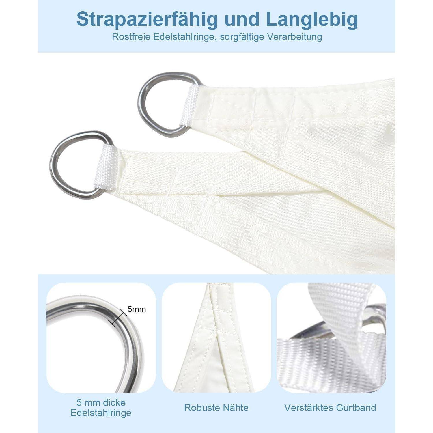 Sonnensegel mit strapazierfähigen Edelstahlringen und stabiler Näharbeit. Merkmale umfassen 5 mm dicke Ringe, robuste Nähte und verstärkte Kanten.