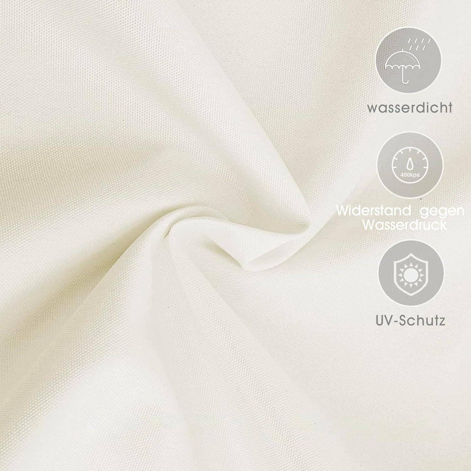 Weißer Stoff in Nahaufnahme, der Wasserresistenz, Wasserdruck-Beständigkeit und UV-Schutz zeigt, beschriftet auf Deutsch: 'wasserdicht', 'Widerstand gegen Wasserdruck', 'UV-Schutz'.