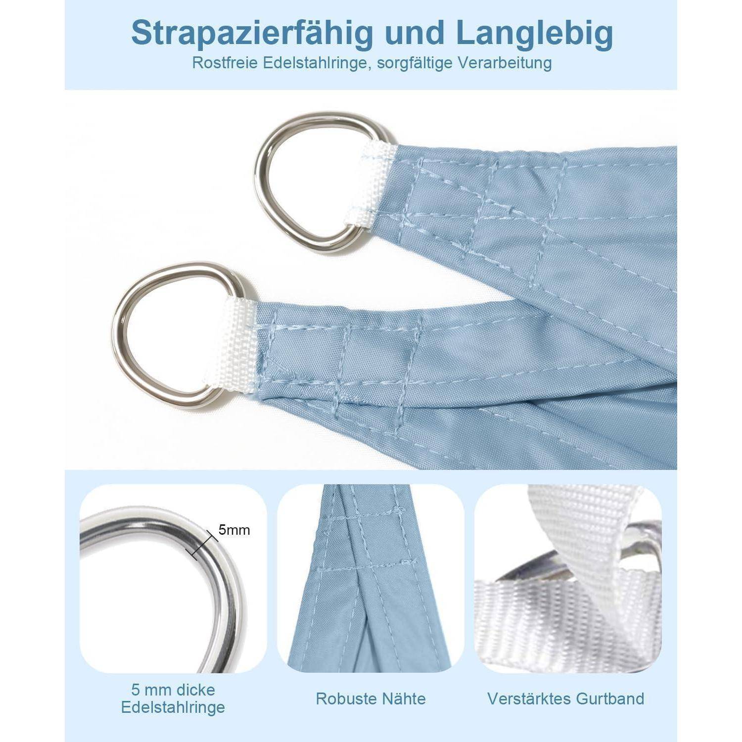 Ein blaues Gewebe mit Metallringen, das seine Nahtnähte und strapazierfähigen Eigenschaften präsentiert. Der deutsche Text hebt seine rostfreien Ringe und robusten Nähte hervor.