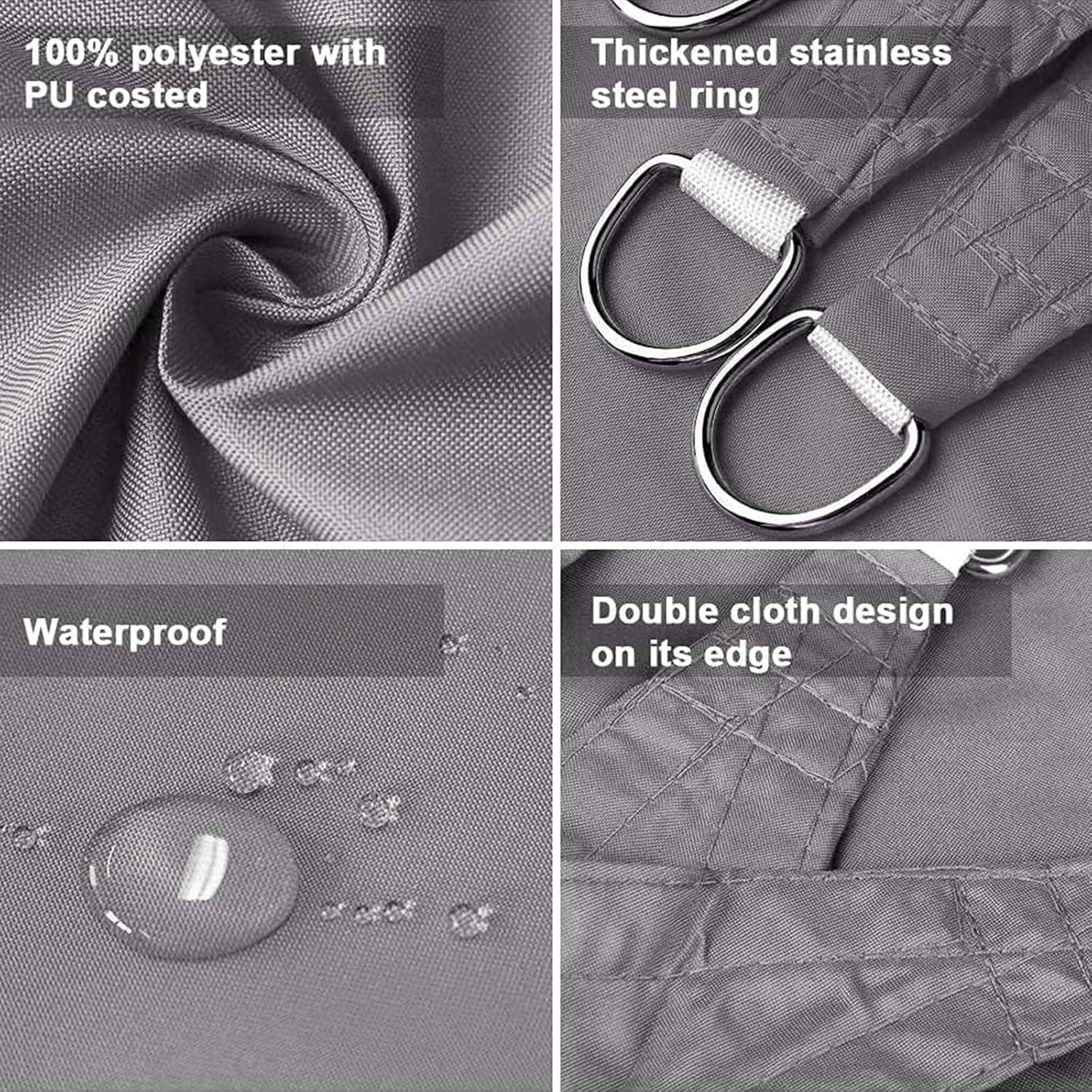Vier Bilder zeigen Details von wasserabweisendem grauem Stoff: '100% Polyester mit PU-Beschichtung', 'Verstärkter Edelstahlring', 'Wasserdicht', 'Doppelstoff-Design an der Kante'.