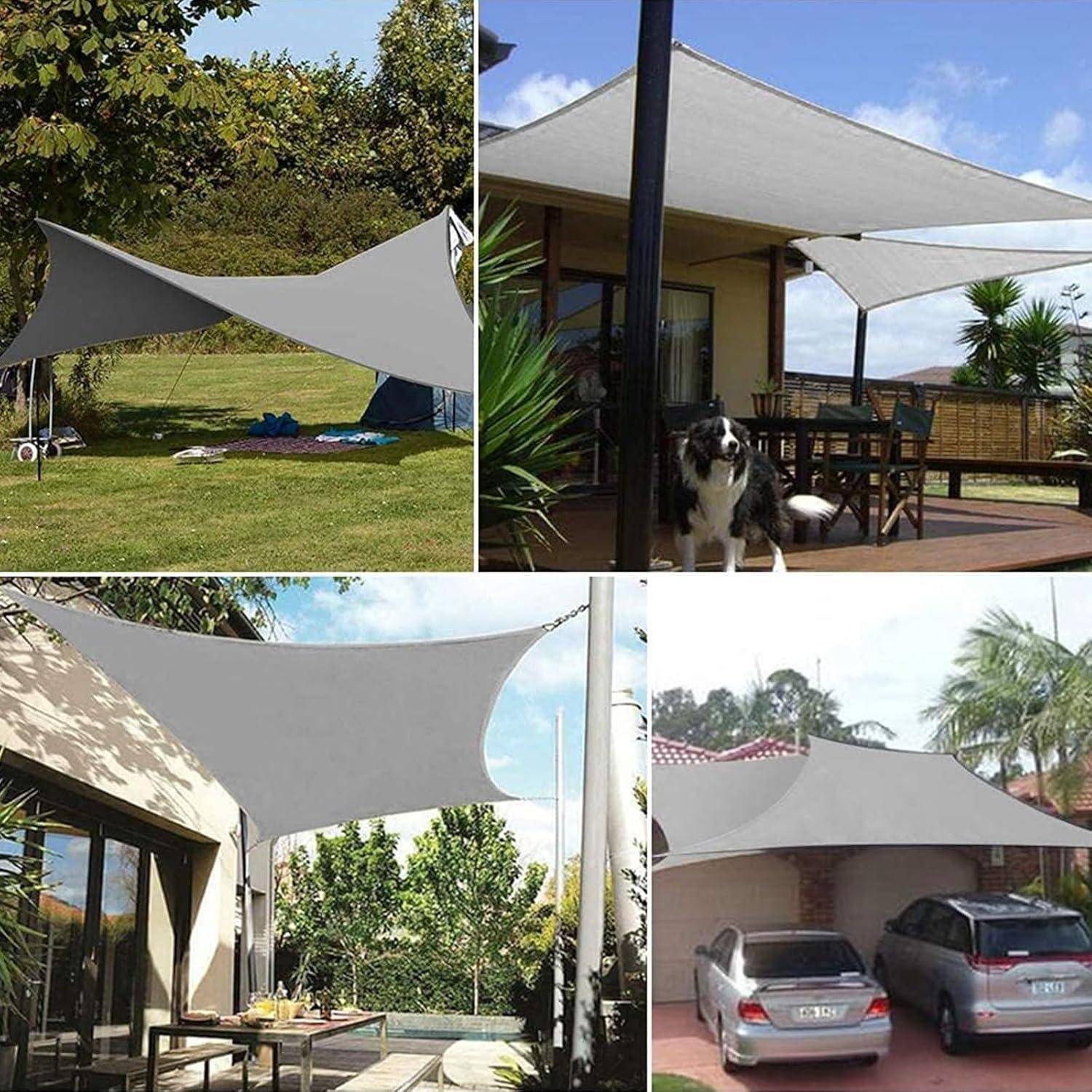 Eine Collage aus vier Außenszenen, die verschiedene Verwendungen von großen dreieckigen Sonnensegeln zeigt. Bereiche umfassen einen Hinterhof, eine Terrasse und einen Parkplatz.
