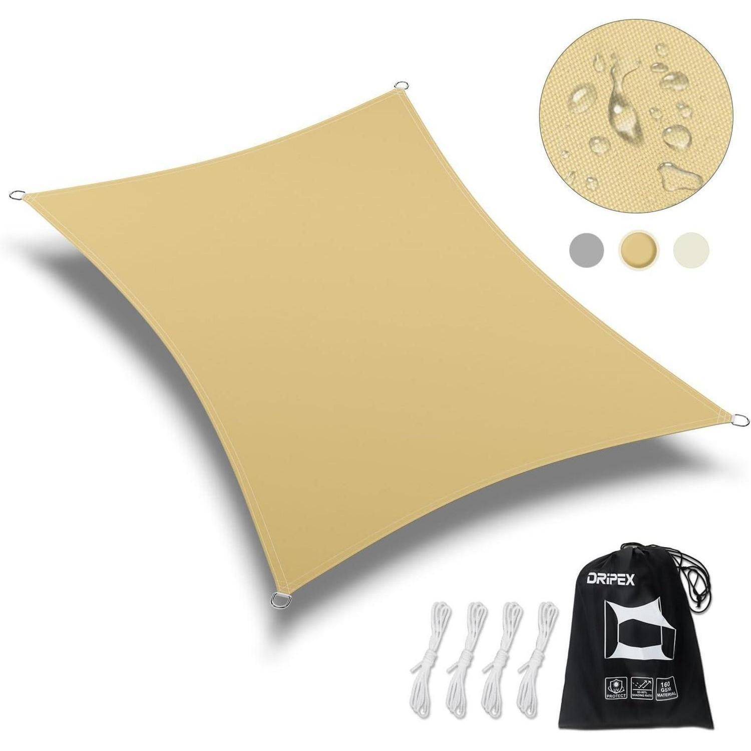 Beige quadratische Sonnensegel mit wasserabweisender Texturdetail, Seilen und einem schwarzen Aufbewahrungsbeutel mit dem 'DRTEX'-Logo, vor einem weißen Hintergrund.