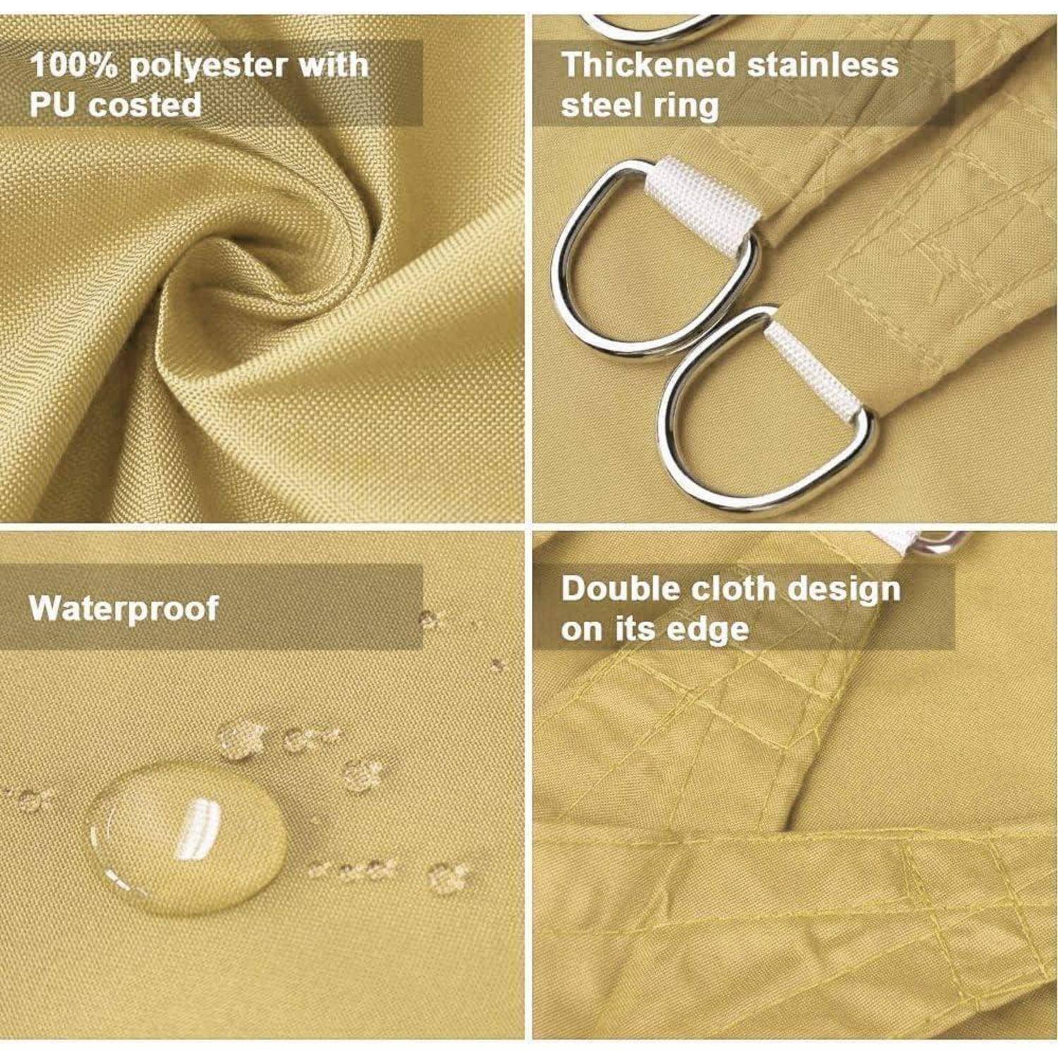 100% Polyester mit PU-Beschichtung', 'Verstärkter Edelstahlring', 'Wasserdicht', 'Doppelstoff-Design an der Kante'. Beige Stoffdetails.