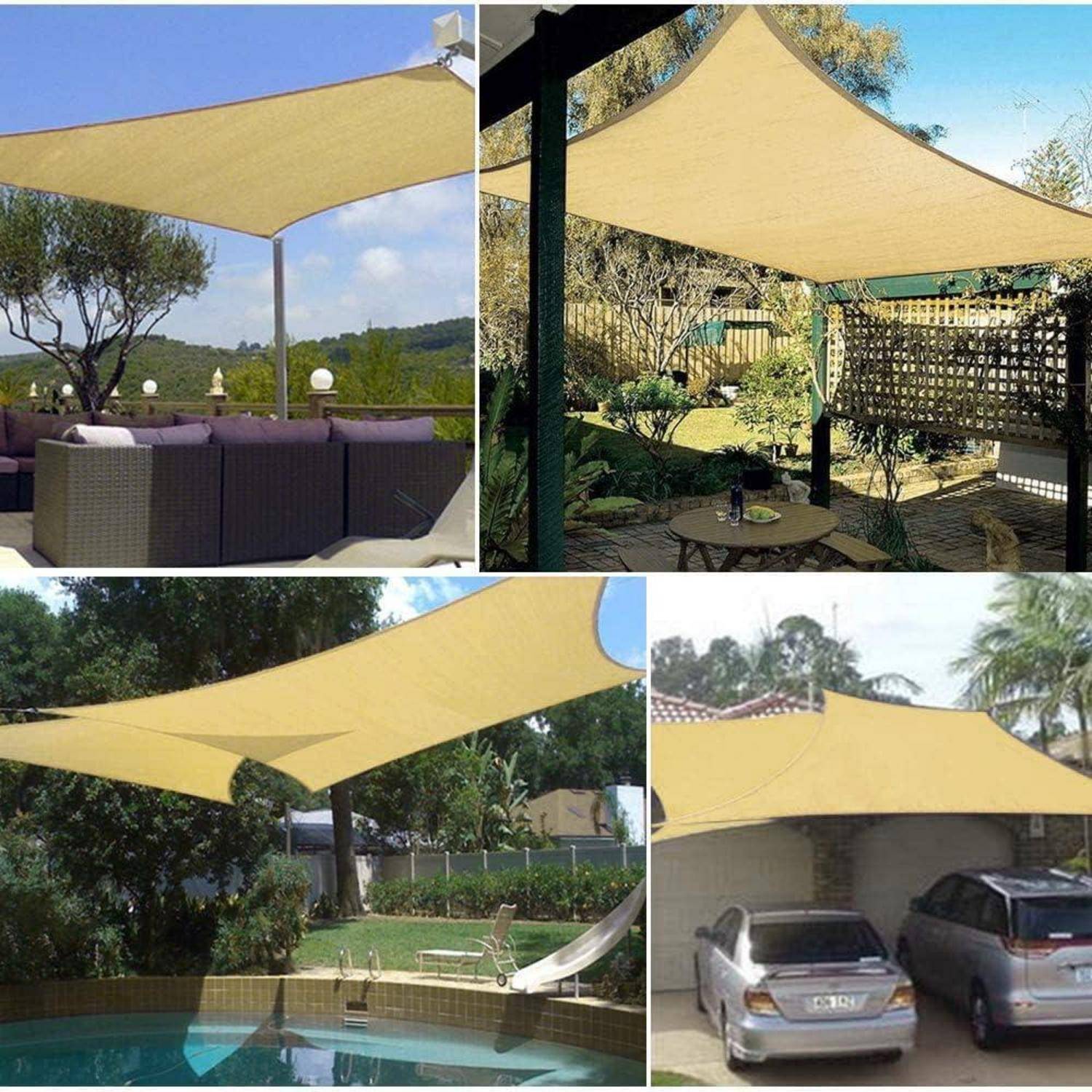 Outdoor-Sonnensegel, die Sonnenschutz über verschiedene Bereiche bieten: eine Terrasse mit Sitzmöglichkeiten, ein Garten mit einem Tisch, ein Hinterhof und eine Einfahrt.