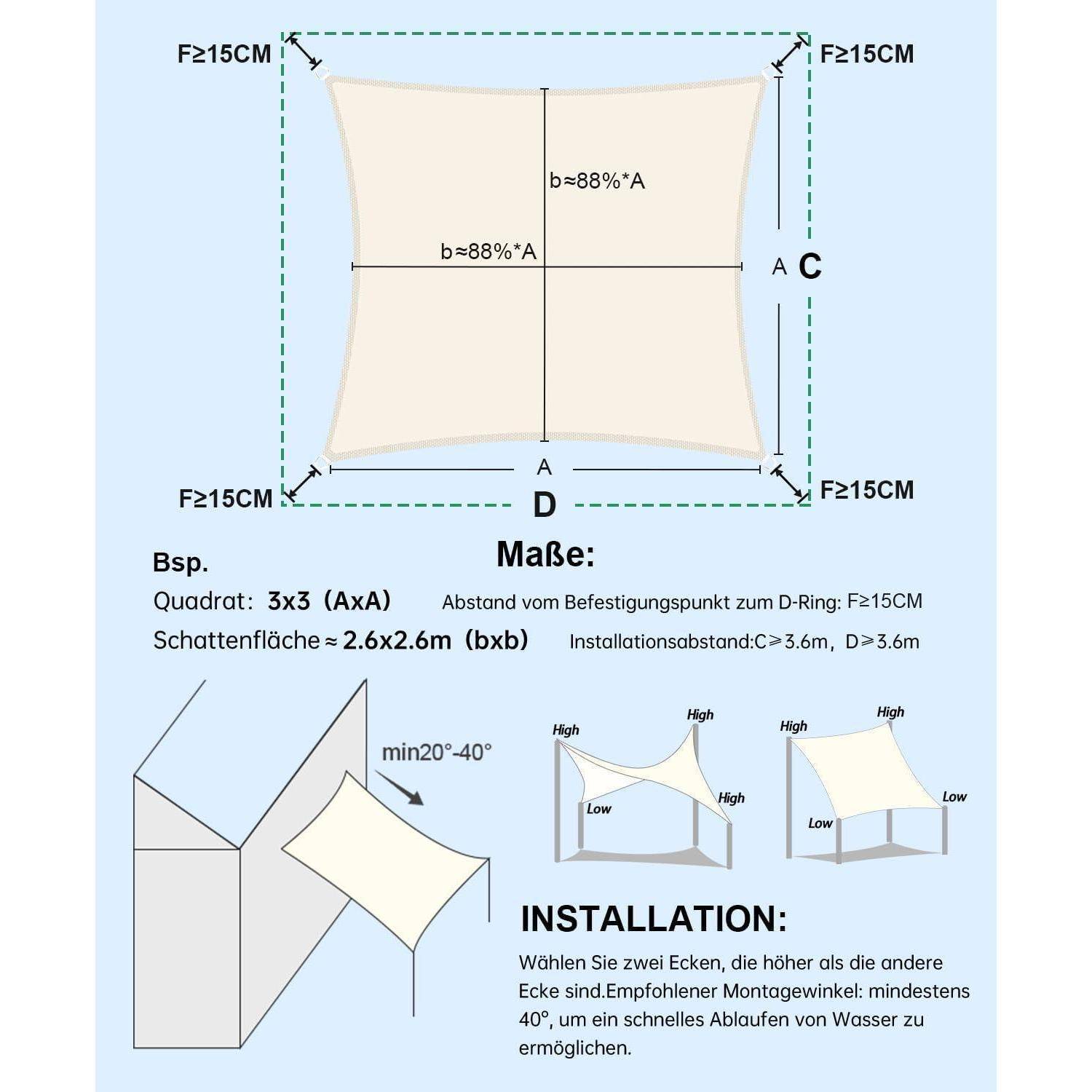 Quadratische Sonnenschirm-Installationsdiagramm mit Abmessungen: 2,6x2,6m beschatteter Bereich, 3x3m Sonnenschirm. Mindestinstallationsentfernung 3,6m.