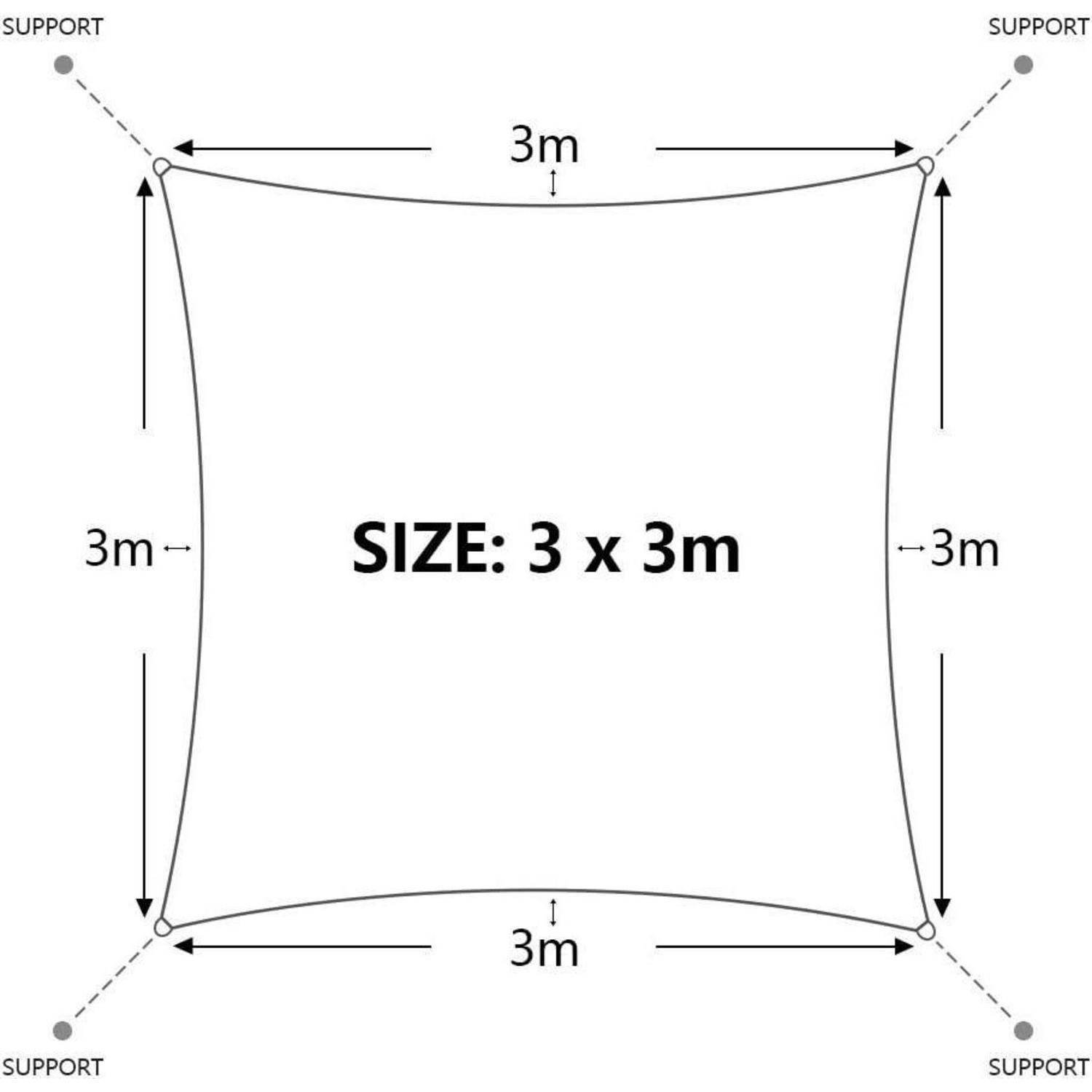 Diagramm eines quadratischen Baldachins mit 'GRÖSSE: 3 x 3m' in der Mitte. Pfeile zeigen 3m-Längen an allen Seiten an. Stützen sind an jeder Ecke beschriftet.