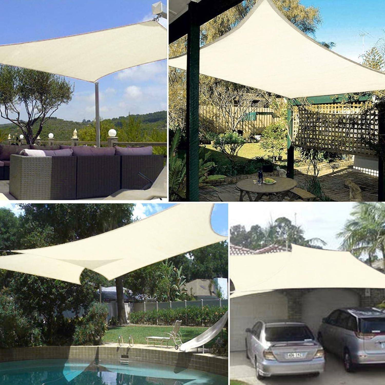 Verschiedene Einstellungen mit beigen Sonnensegeln: über Gartenmöbeln, einem Garten, einem Pool und geparkten Autos, die Sonnenschutz bieten.