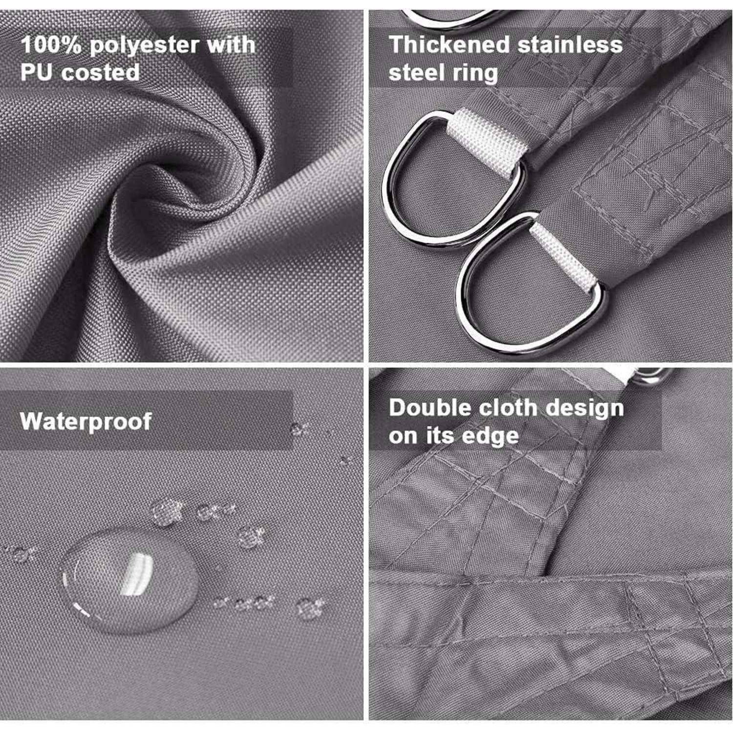 Graues Stoffbild mit der Aufschrift '100% Polyester mit PU-Beschichtung', Edelstahlringe, 'Wasserdicht' und 'Doppelstoff-Design an der Kante'.