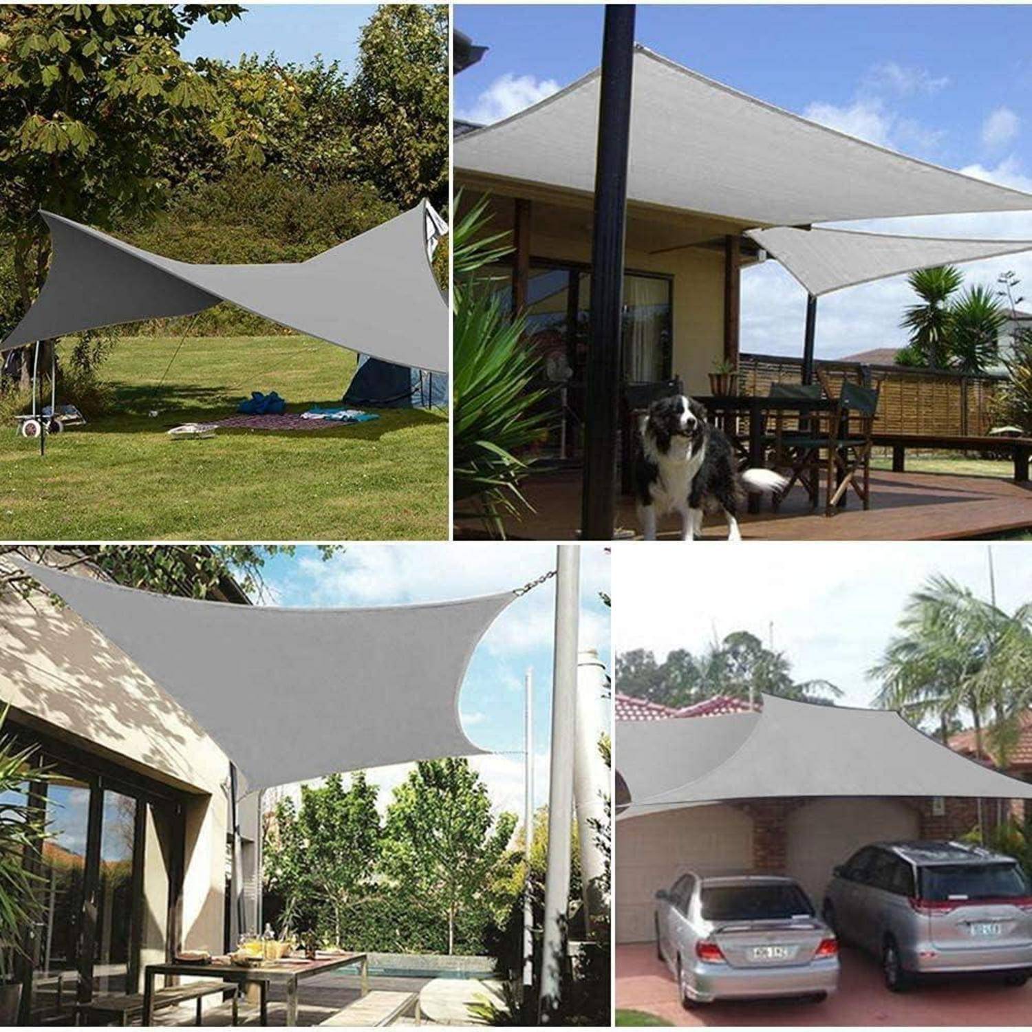 Collage von Outdoor-Sonnensegeln in verschiedenen Umgebungen, einschließlich eines Hinterhofs, einer Terrasse mit Esstisch, eines Gartenbereichs und eines Carports.