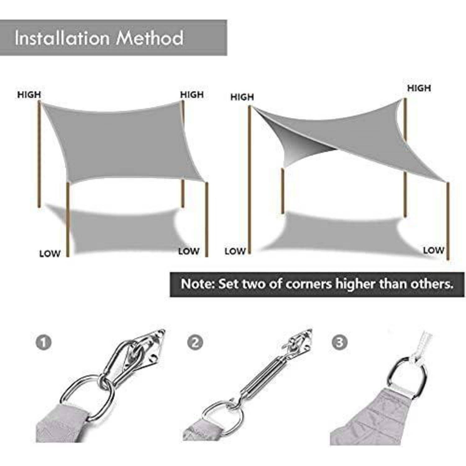 Installationsmethode: Zwei Diagramme zeigen einen Sonnenschutz; einer flach, einer gewinkelt. Tipps: Zwei Ecken höher setzen. Schritte mit Abbildungen: Metallhaken an Schlaufen anbringen.