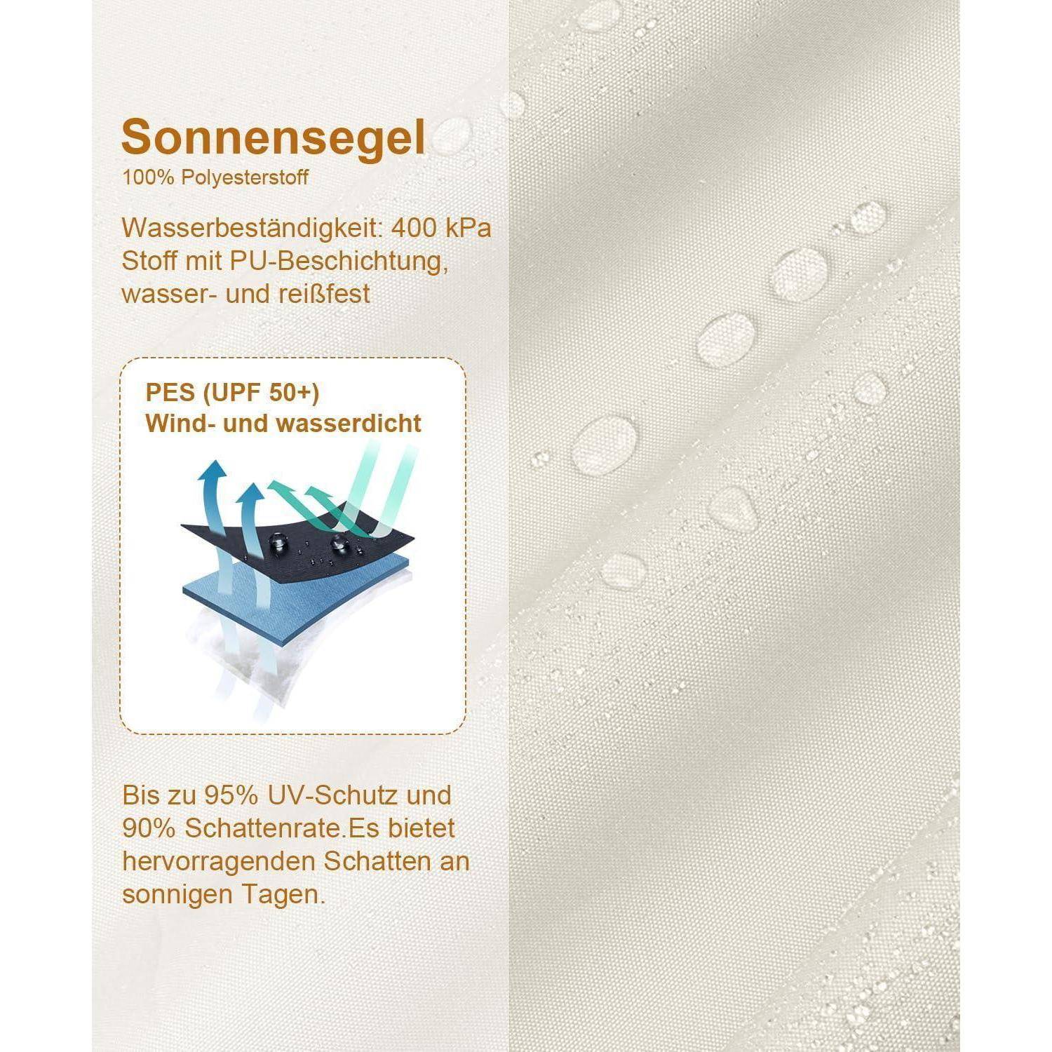 Sonnensegel-Gewebe, wasserabweisend, 95% UV-Schutz, 400 kPa, wind- und wasserdicht, PU-beschichtet, reißfest, 100% Polyester.