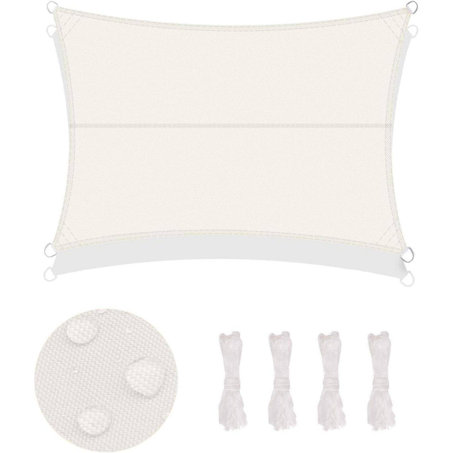 Eine beige rechteckige Sonnensegel-Plane mit abgerundeten Ecken, vier Befestigungsseilen zur Installation und eine Nahaufnahme der wasserfesten Gewebetextur.