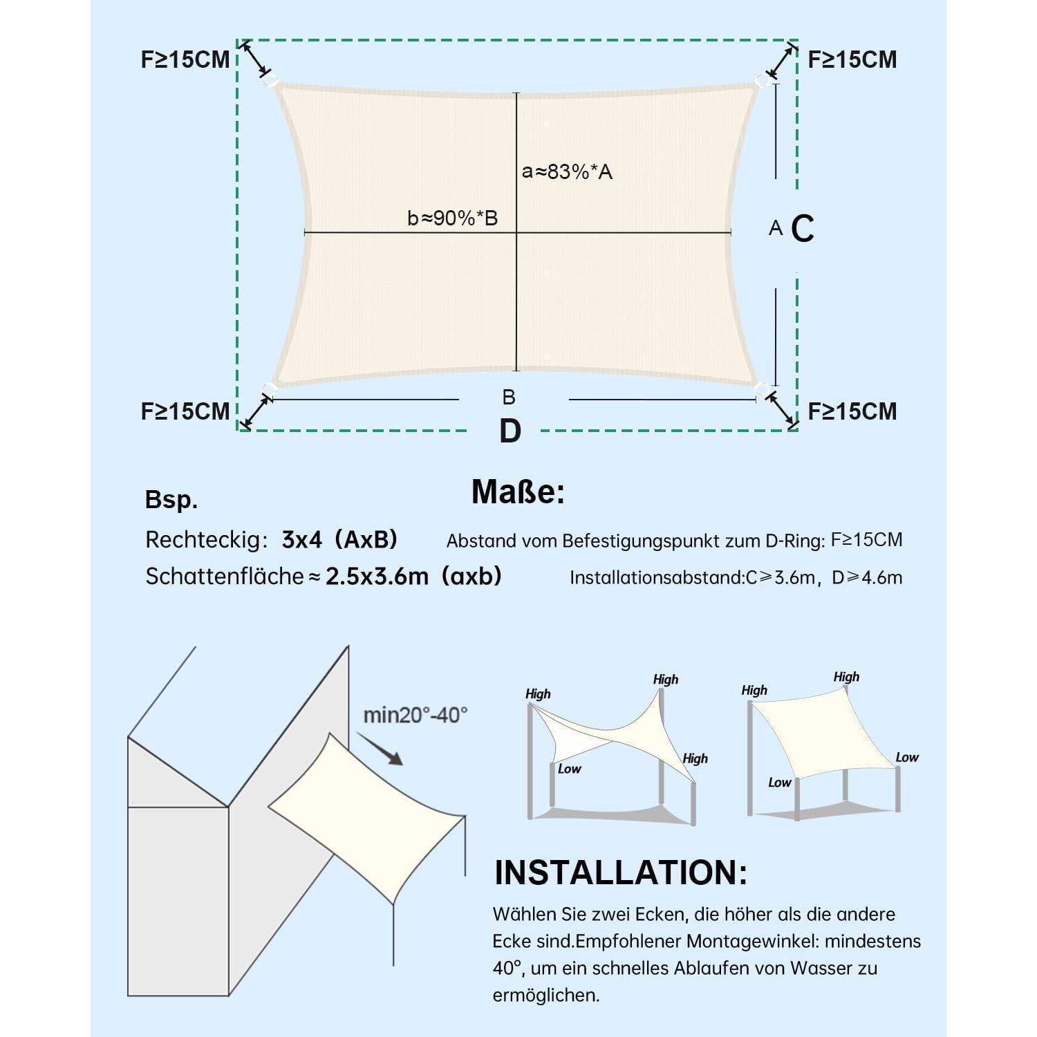 Anleitung zur Installation von Sonnensegel: rechteckige Form, Abmessungen 3x4 (A x B); Beschattungsbereich 2,5x3,6; Installationshöhe variabel.