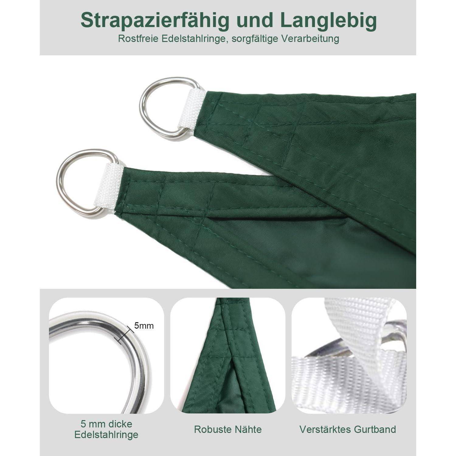 Strapazierfähig und Langlebig' mit Bildern von grünem Stoff, Metallringen und Nähten, die Haltbarkeit und Qualität hervorheben.